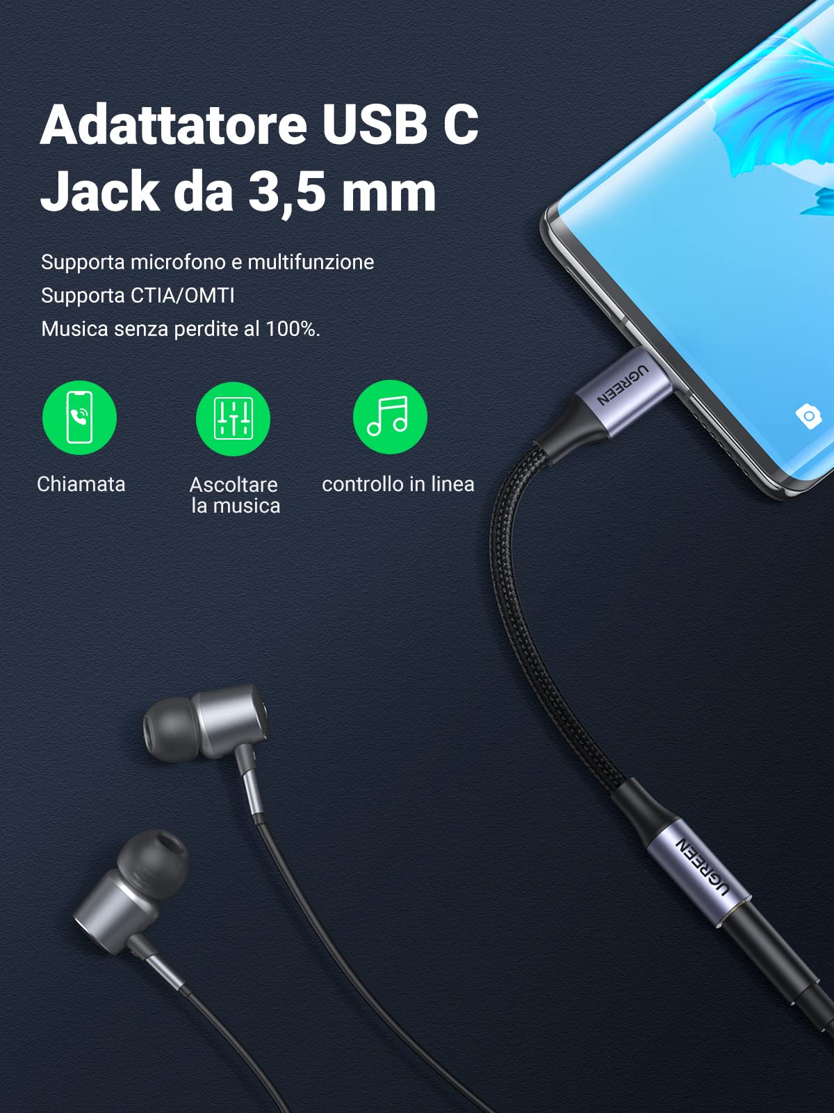 ugreen-adattatore-usb-c-a-jack-audio-3-5mm-in-nylon-grigio image 2