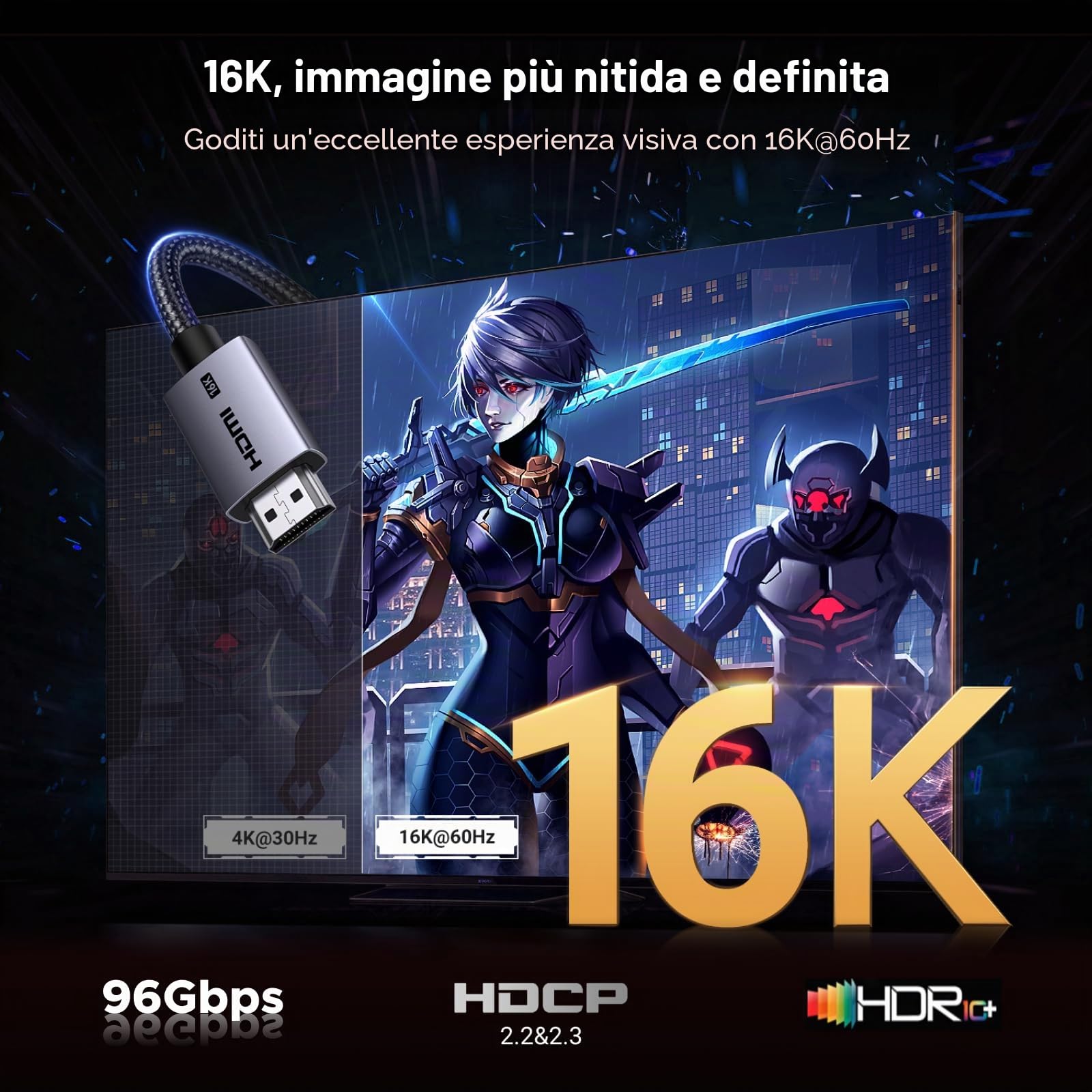 ugreen-cavo-hdmi-2-2-16k-60hz-96gbps-2m-in-alluminio-e-nylon-con-earc image 2