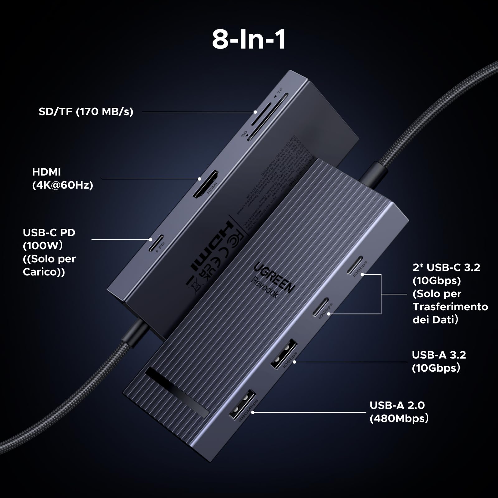 ugreen-revodok-pro-108-hub-usb-c-8-in-1-con-hdmi-4k-60hz-10gbps-pd-100w-e-lettor image 2