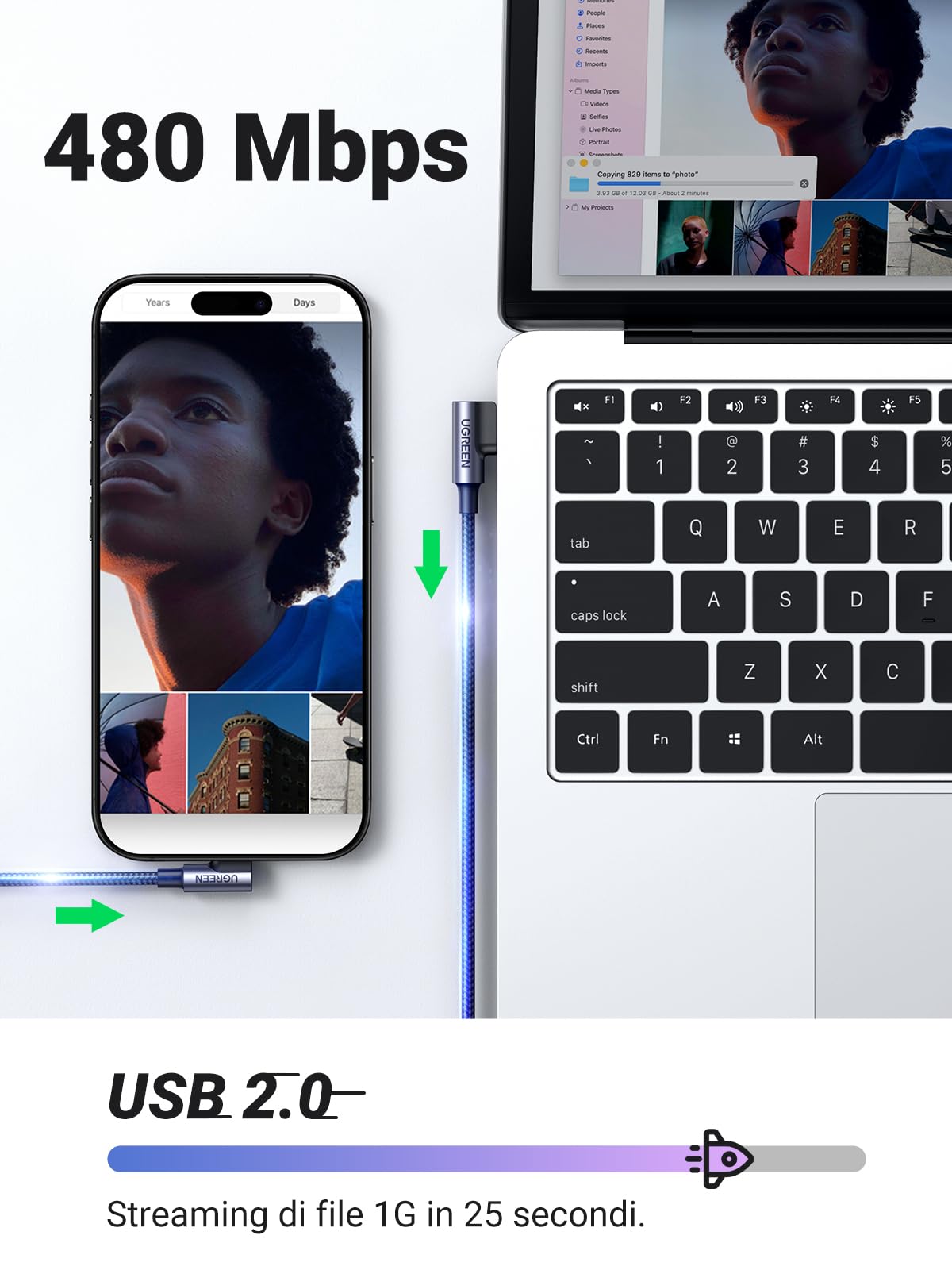 ugreen-cavo-usb-a-a-usb-c-90-gradi-3a-qc3-0-480mbps-nylon-0-5m image 6