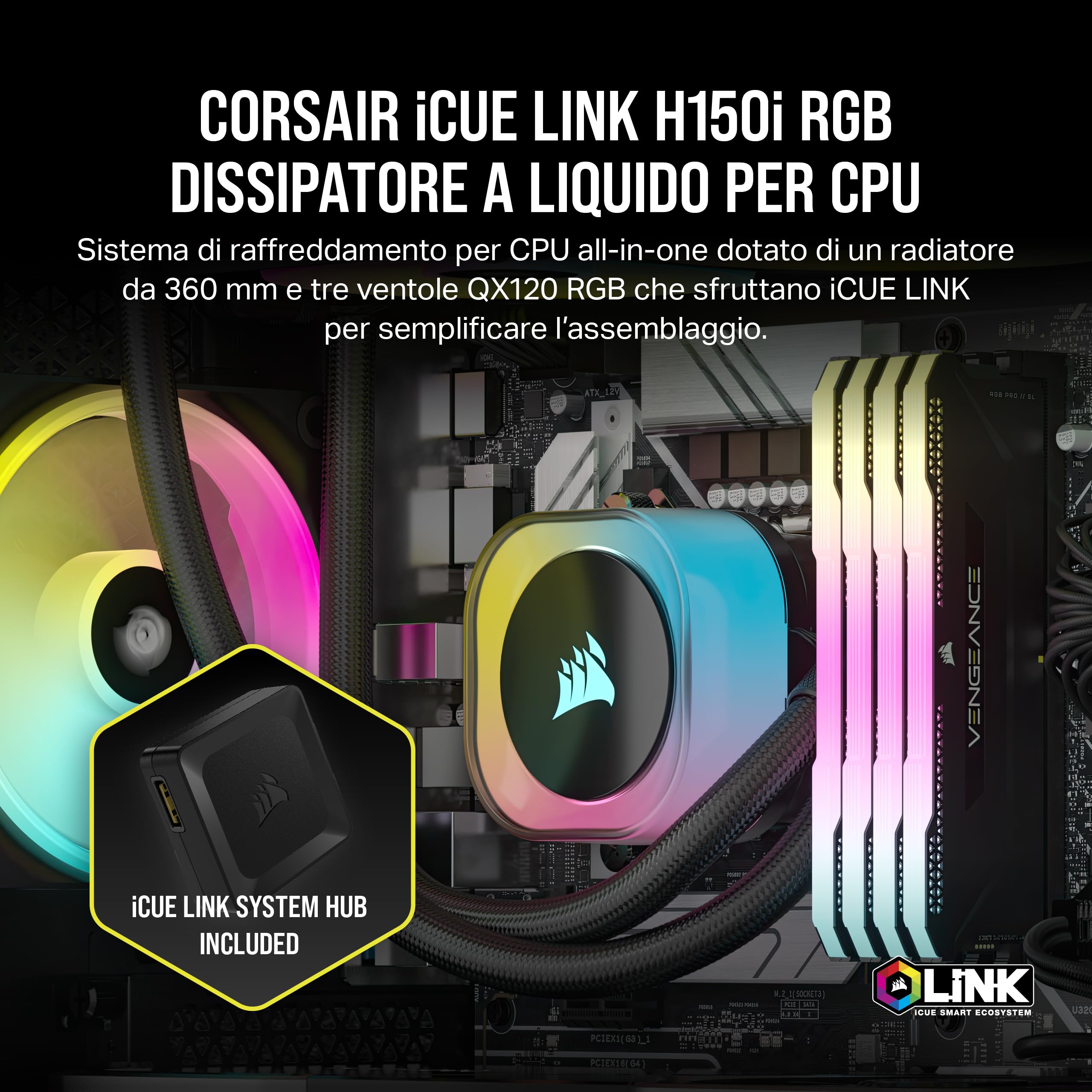 corsair-icue-link-h150i-rgb-dissipatore-a-liquido-cpu-360-mm-nero image 2