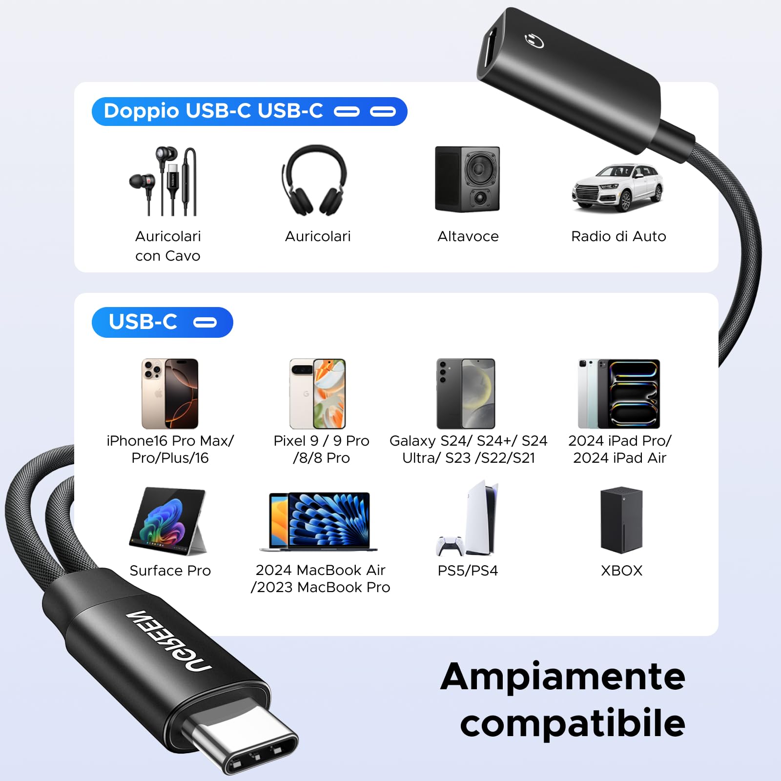 ugreen-adattatore-usb-c-a-usb-c-2-in-1-pd-60w-audio-hi-res-96khz-24bit-magnetico image 6