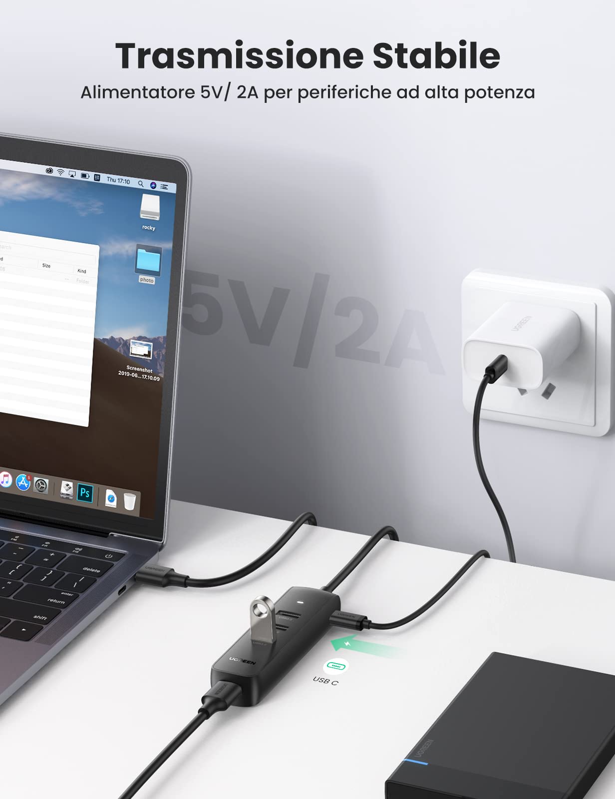 ugreen-hub-4-porte-usb-3-0-5gbps-con-cavo-1m-e-alimentazione-5v-2a image 3