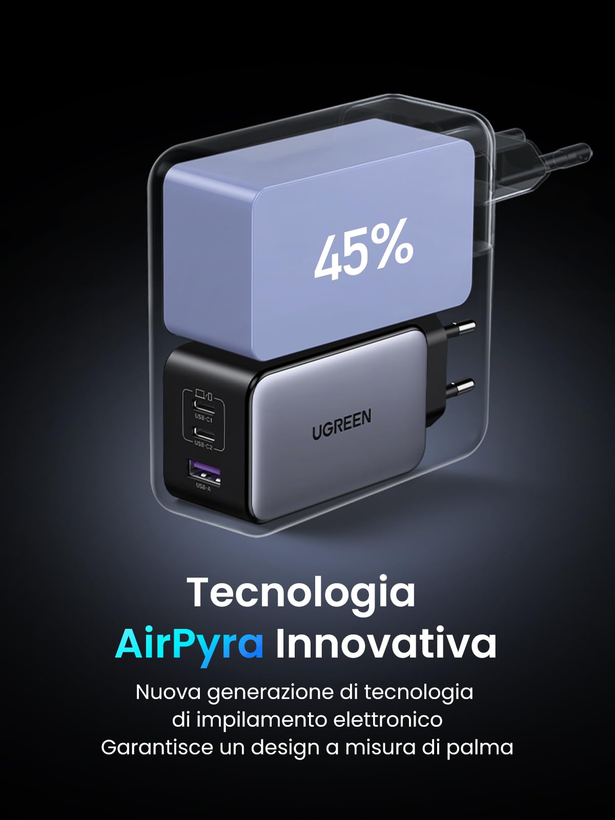 ugreen-nexode-caricatore-usb-c-gan-100w-a-3-porte-2-usb-c-usb-a-compatto image 5