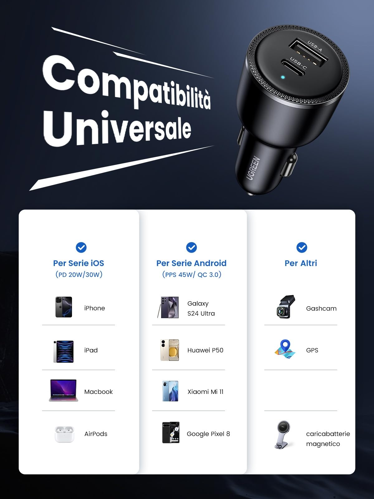 ugreen-caricatore-auto-63w-usb-c-pd-45w-usb-a-18w-qc-pps-12-24v image 6