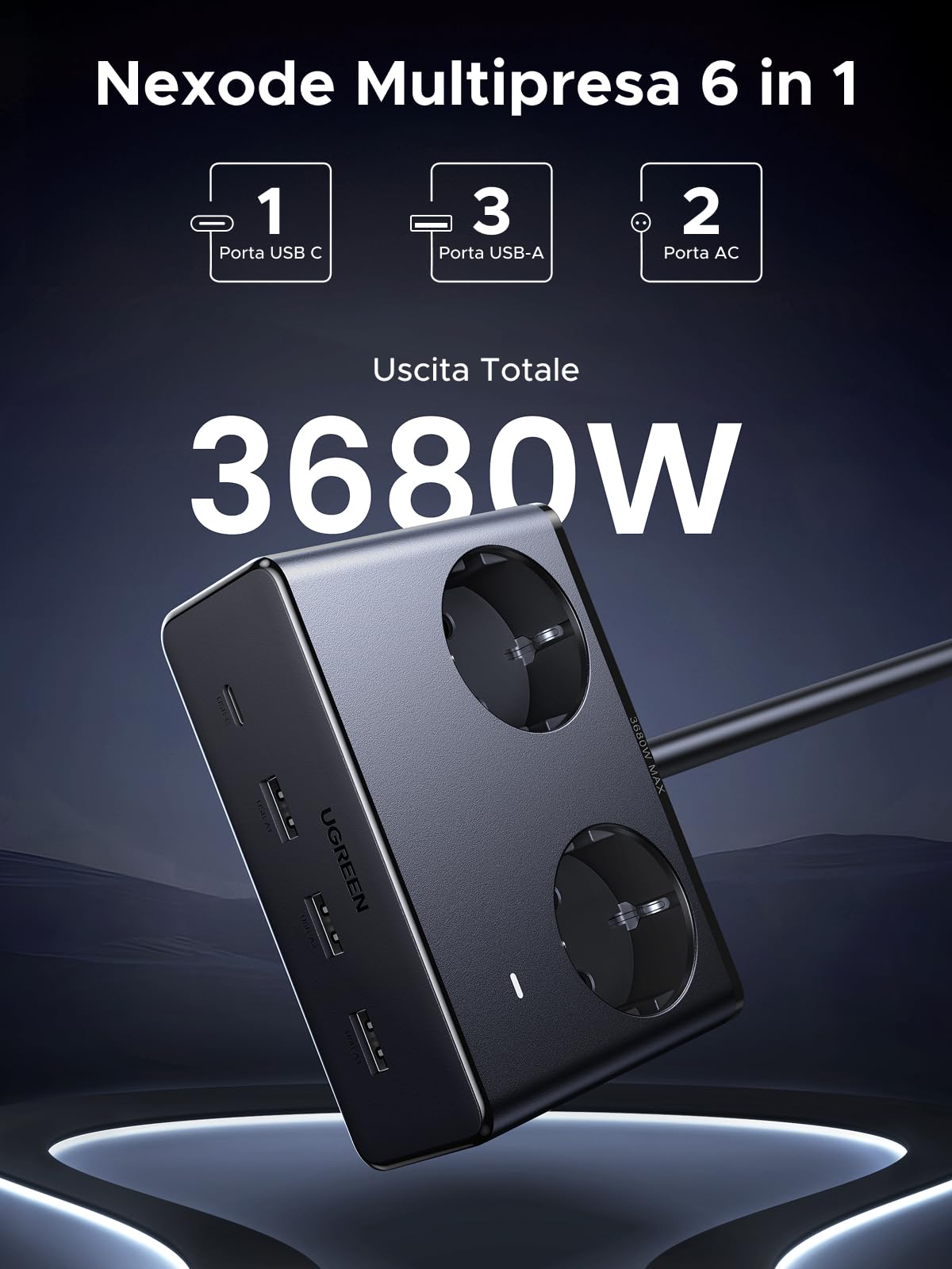 ugreen-6-in-1-ciabatta-multipresa-3680w-2-ac-4-usb-pd-20w-1-5m-nera image 3