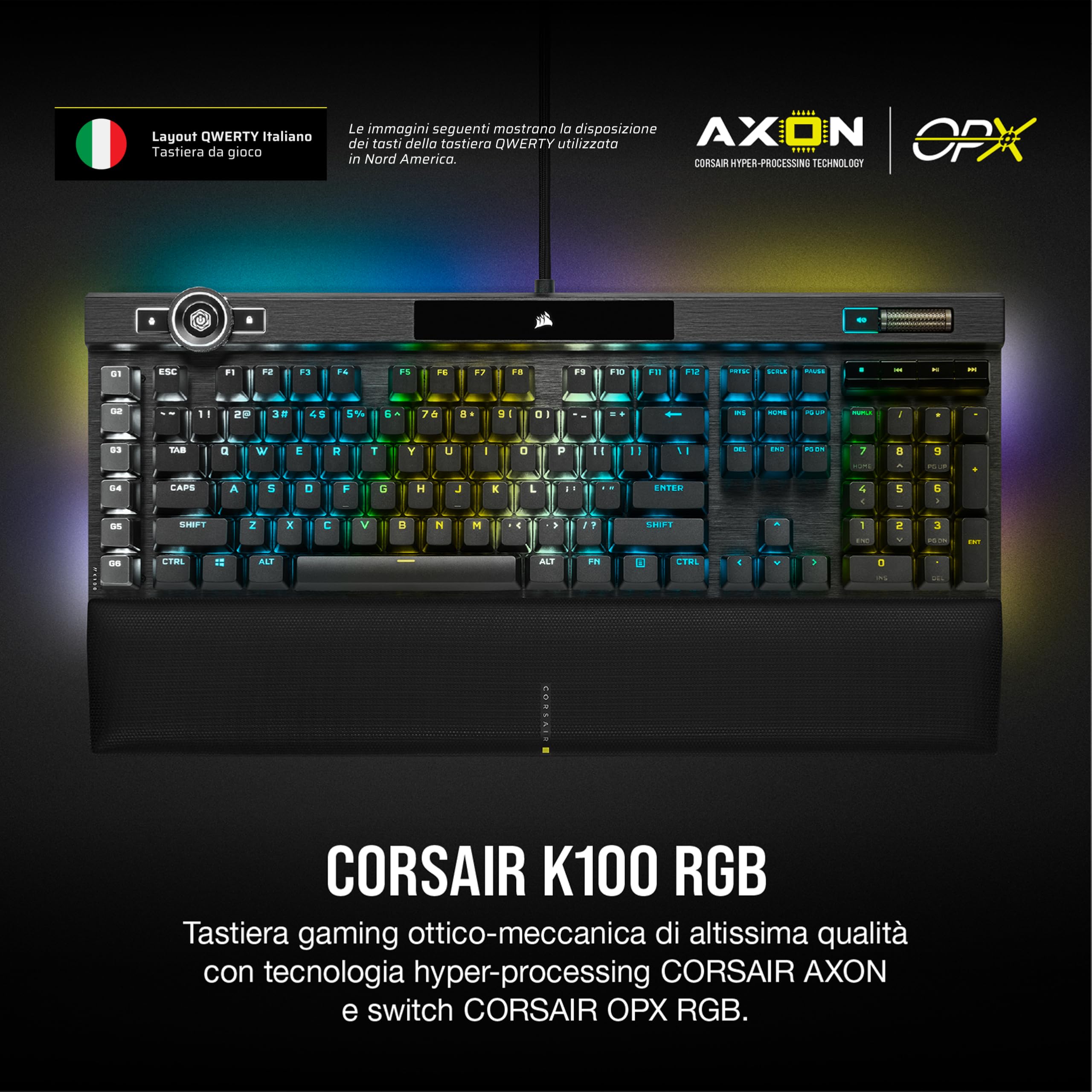 corsair-k100-rgb-tastiera-gaming-opto-meccanica-opx-layout-qwerty-italiano-nero image 2
