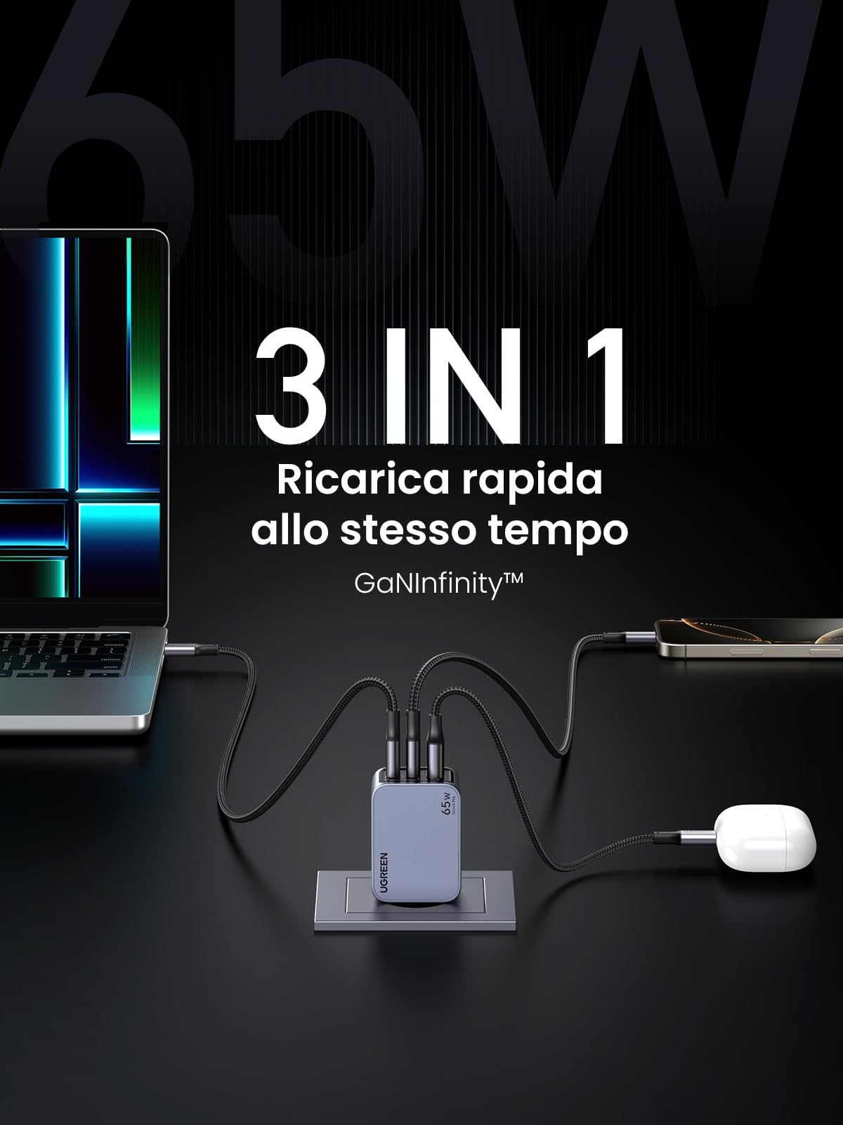 ugreen-nexode-pro-65w-caricatore-usb-c-gan-3-porte-pd-3-0-nero image 4