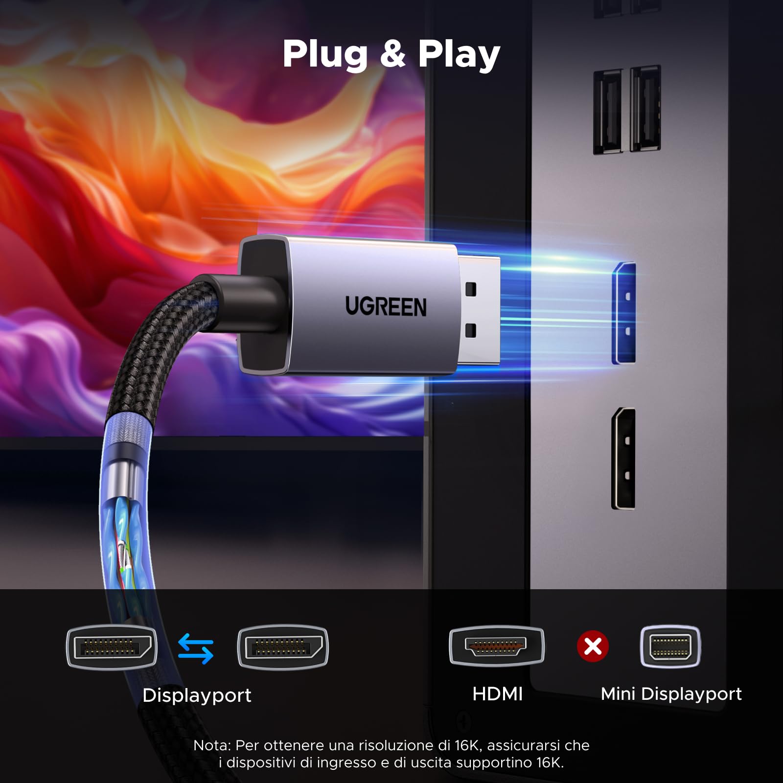 ugreen-cavo-displayport-2-1-16k-60hz-2m-cavo-dp-80gbps-8k-120hz-4k-240hz image 7