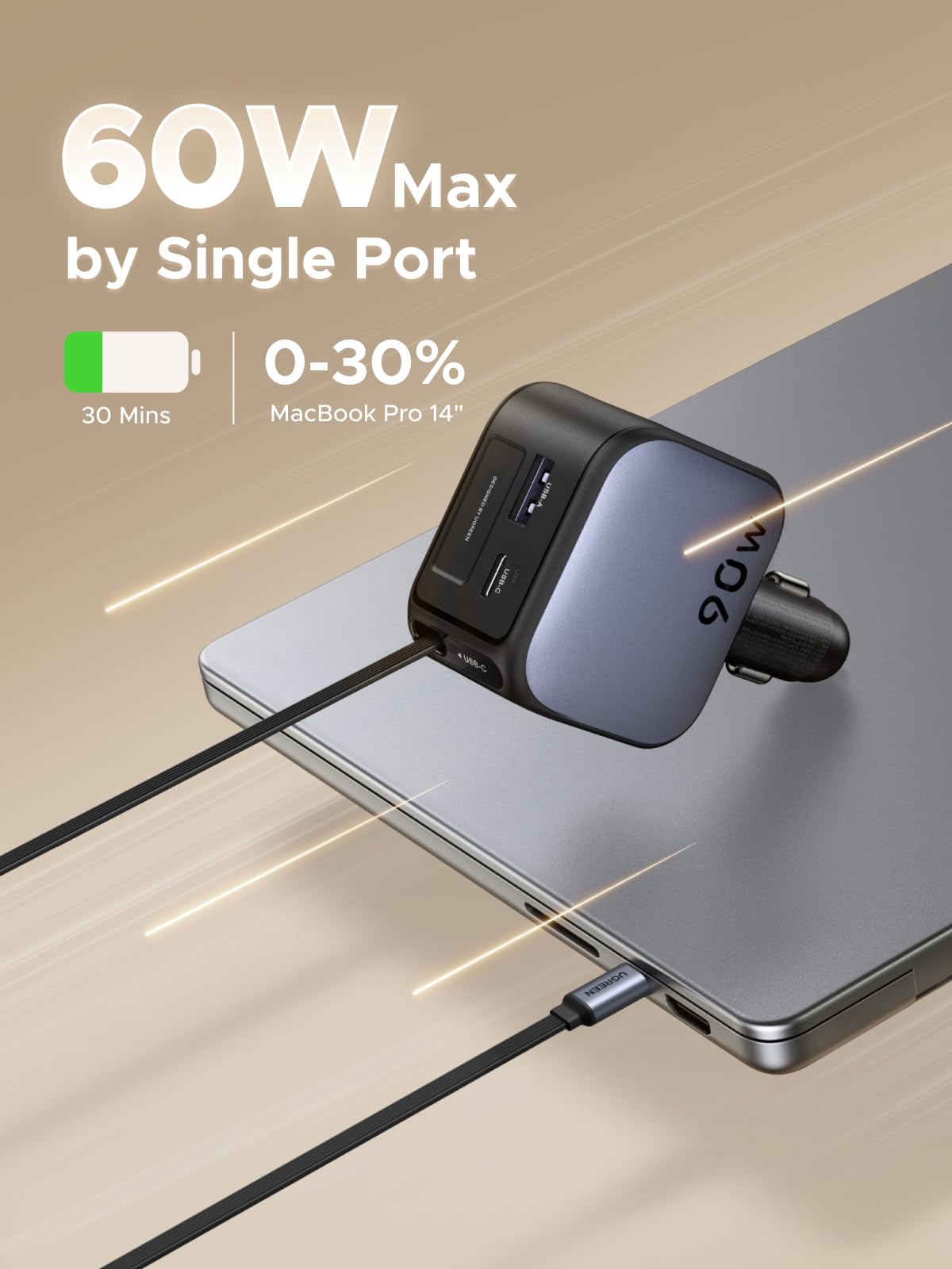 ugreen-nexode-90w-caricatore-auto-usb-c-retrattile-con-cavo-75-cm-3-porte image 3