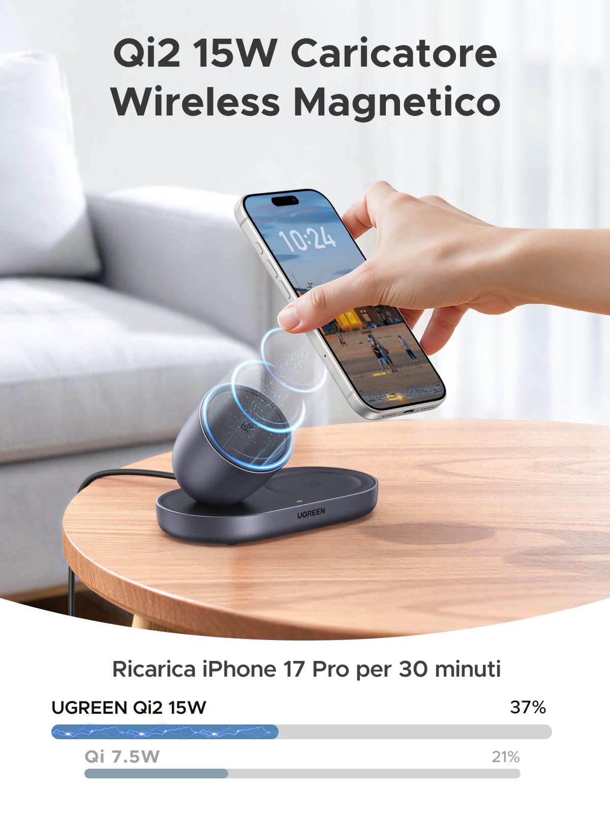 ugreen-zapix-2-in-1-caricatore-wireless-magnetico-qi2-15w-grigio-per-iphone-airp image 2