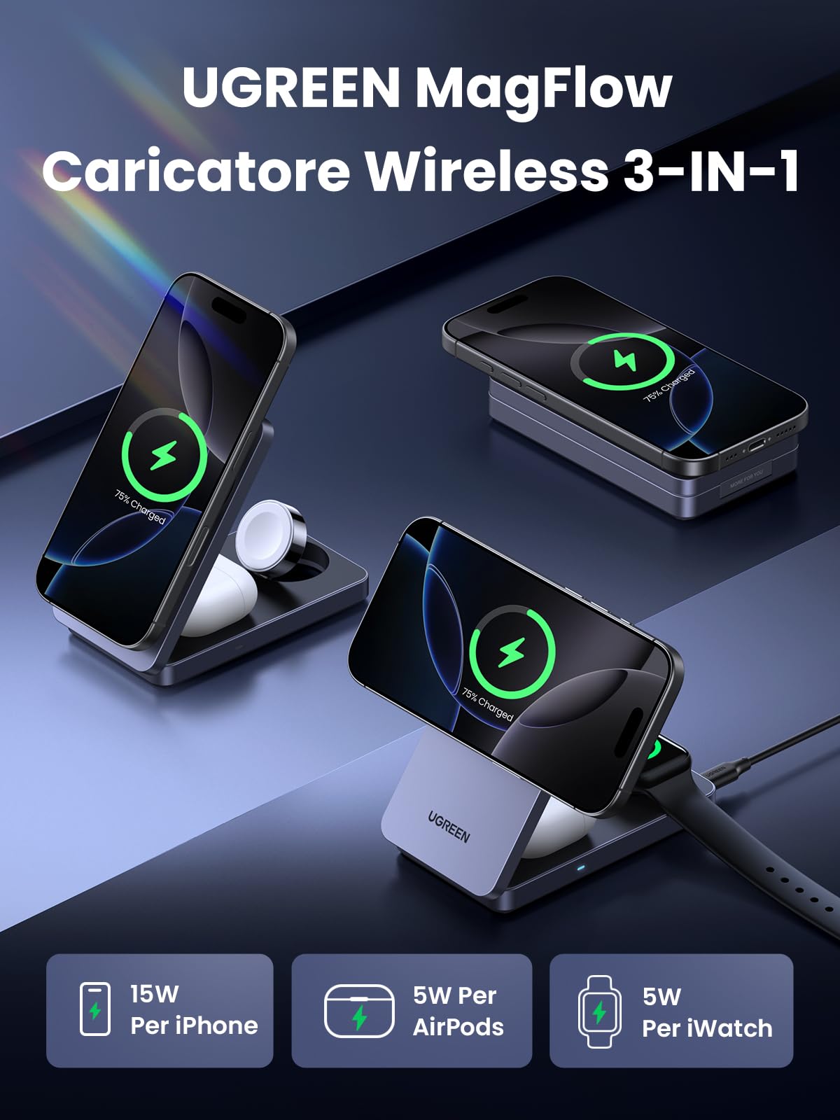 ugreen-magflow-qi2-15w-caricatore-wireless-3-in-1-magnetico image 3