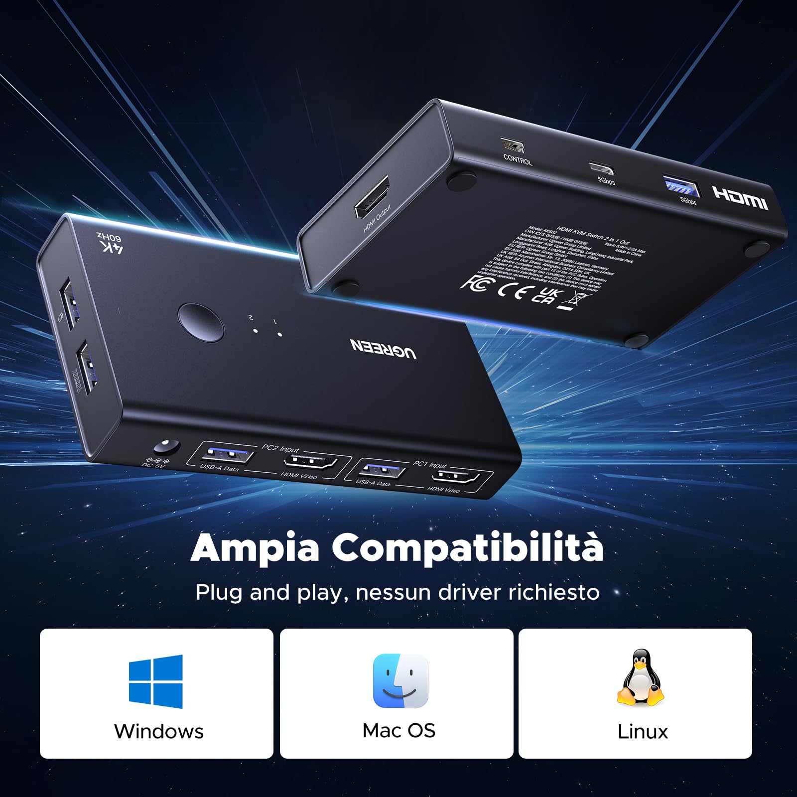ugreen-switch-kvm-hdmi-4k-60hz-2-ingressi-1-uscita-con-4-usb-3-0 image 7