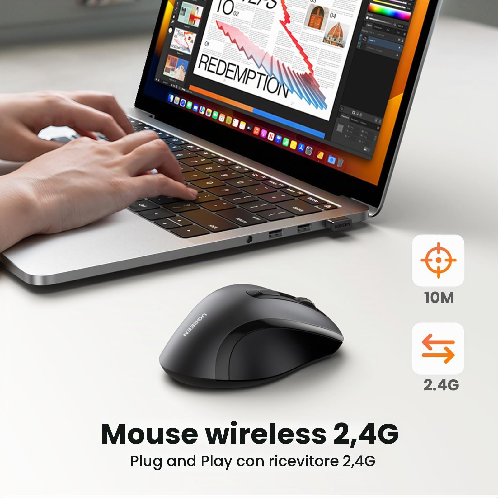 ugreen-mouse-wireless-ergonomico-2-4ghz-usb-1600-dpi-nero image 2