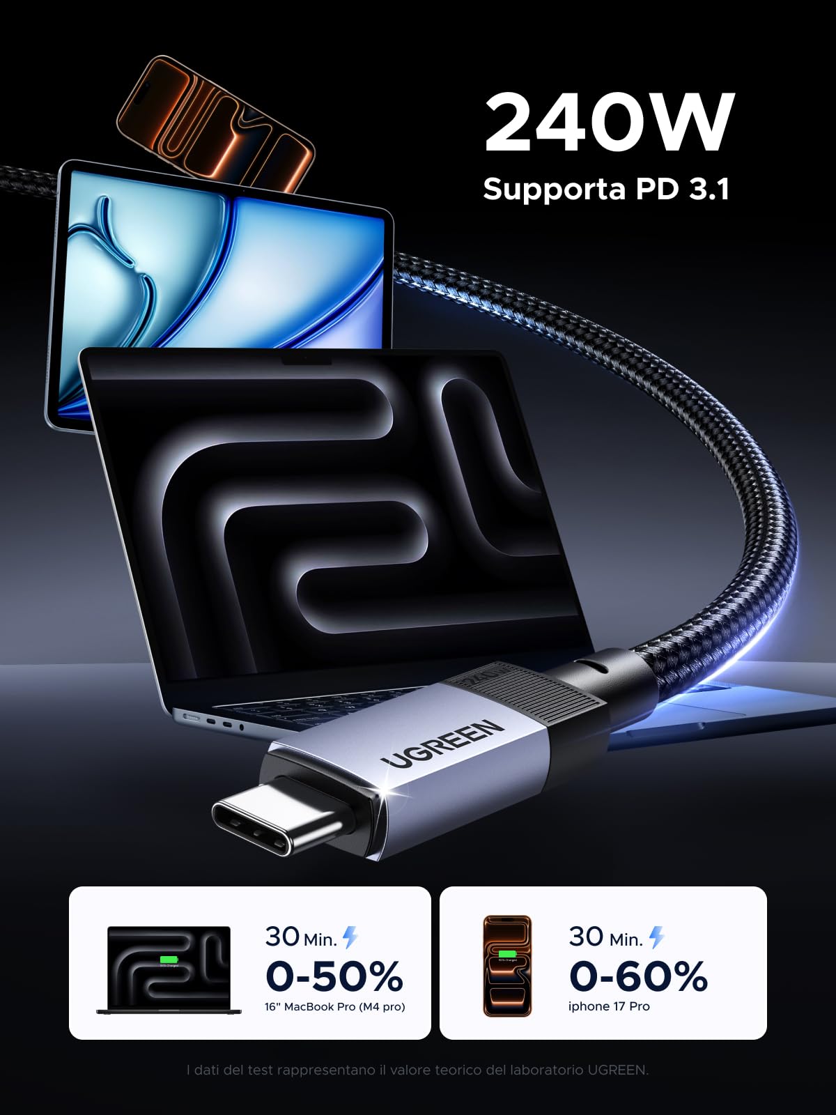 ugreen-cavo-usb-c-video-4k-60hz-10gbps-240w-pd-3-1-type-c-1m-nylon image 4
