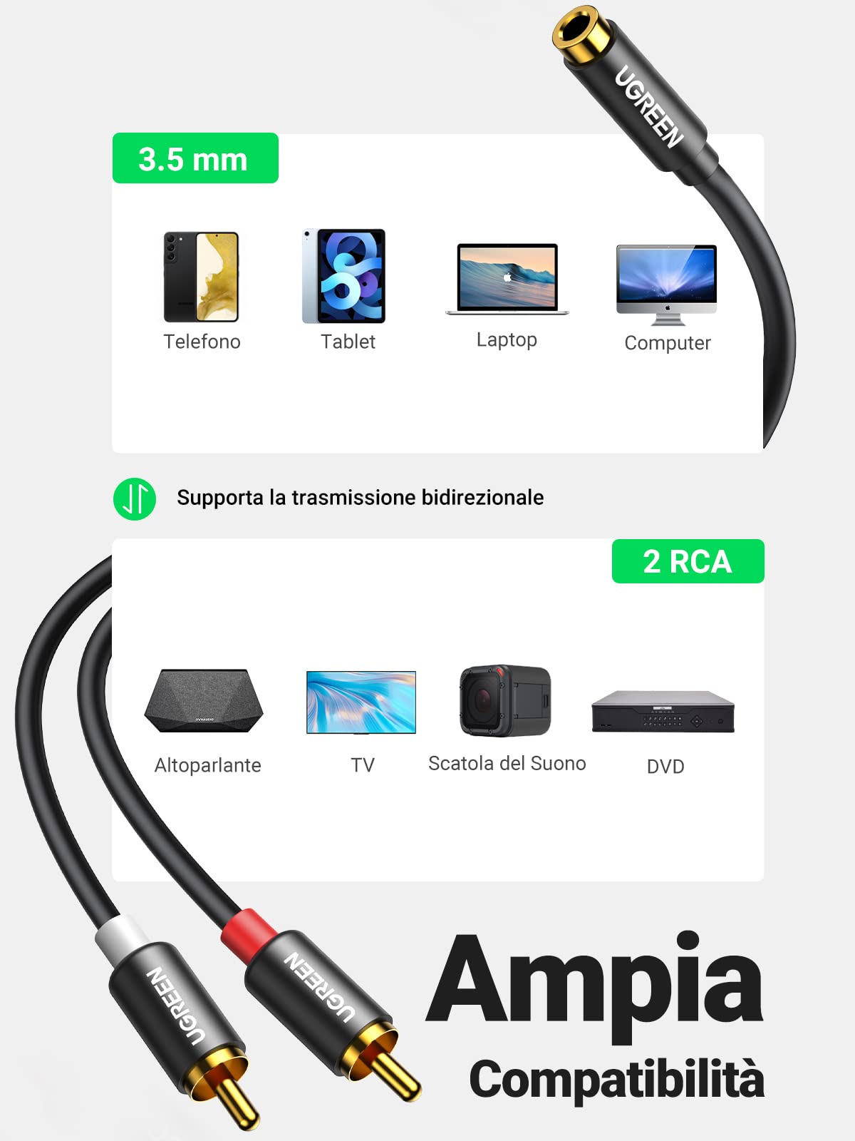 ugreen-adattatore-audio-2rca-maschio-a-jack-3-5mm-femmina-25cm image 5