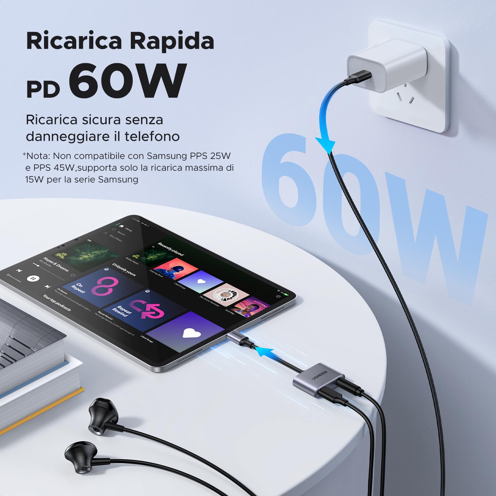 ugreen-adattatore-usb-c-a-jack-3-5-mm-pd-60w-con-dac-hi-res-24-bit-96khz image 3