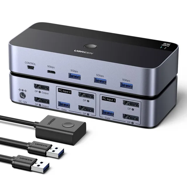 ugreen-switch-kvm-displayport-2x2-8k-60hz-con-4-porte-usb-3-0-3a-1c-5gbps-e-cavi image 1