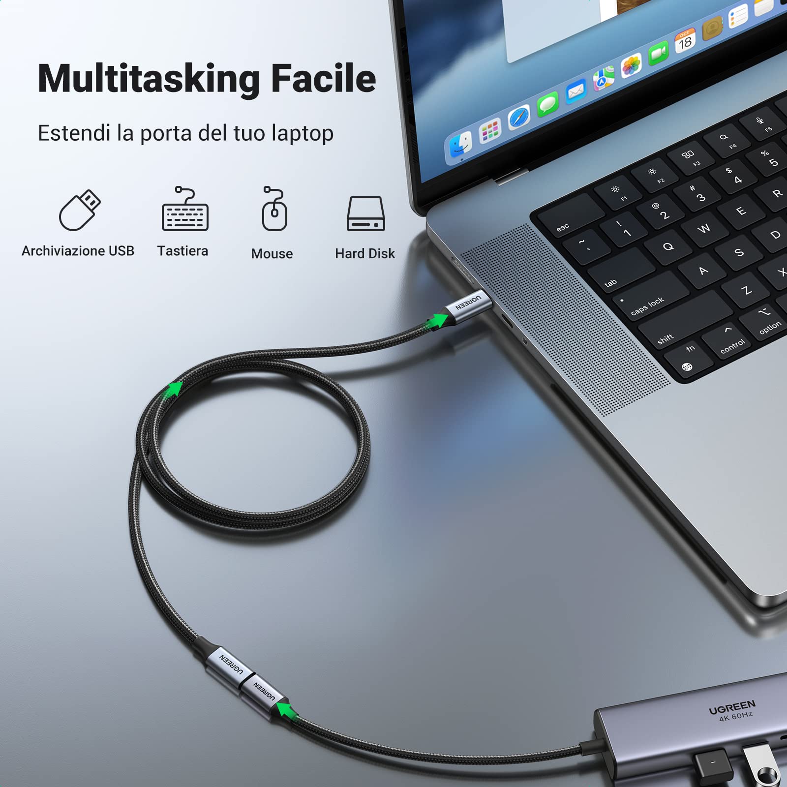 ugreen-nexode-cavo-prolunga-usb-c-a-usb-c-4k-60hz-10gbps-100w-0-5m-grigio image 7