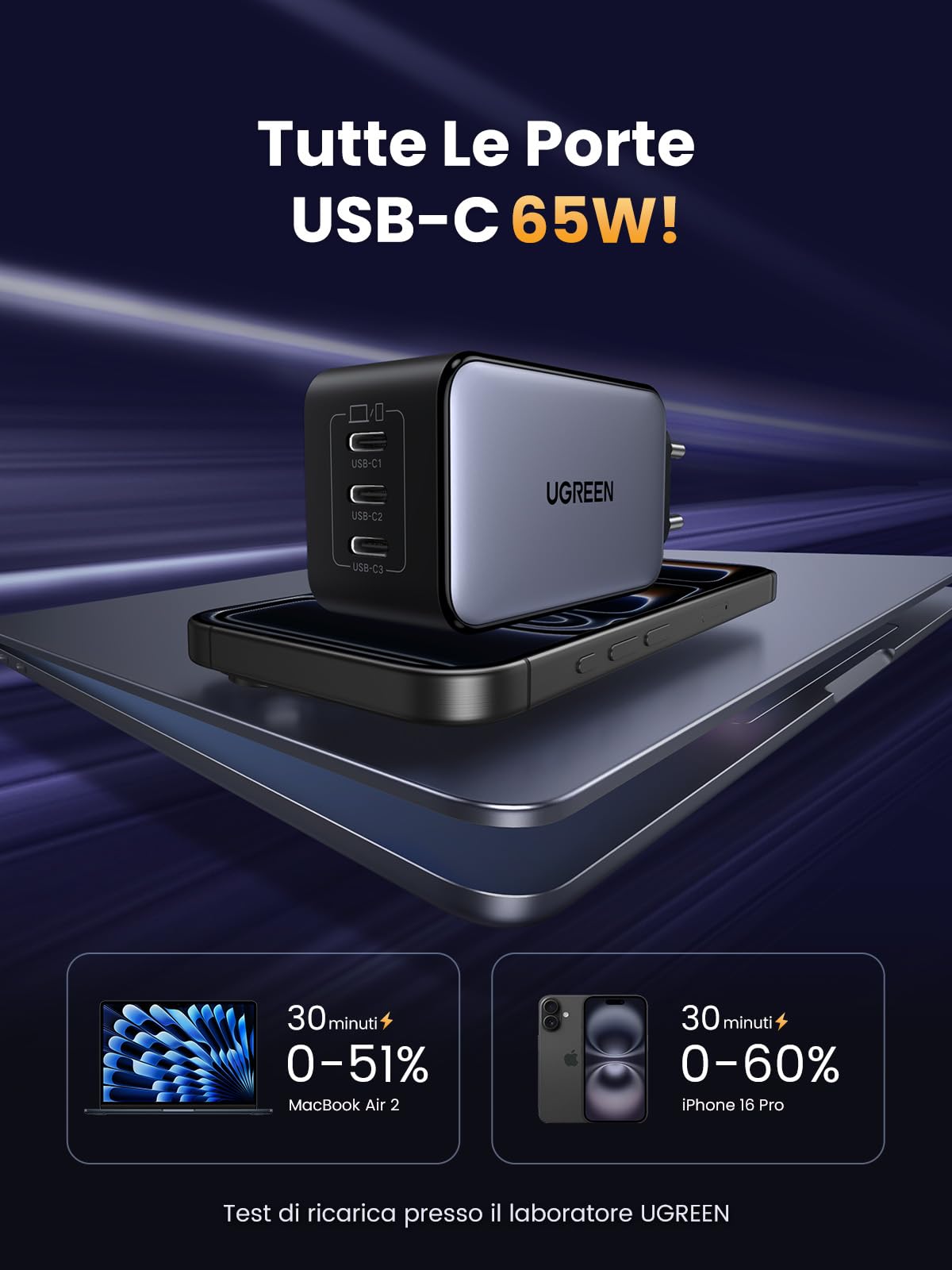 ugreen-nexode-65w-caricatore-usb-c-gan-3-porte-type-c-pd-3-0 image 3