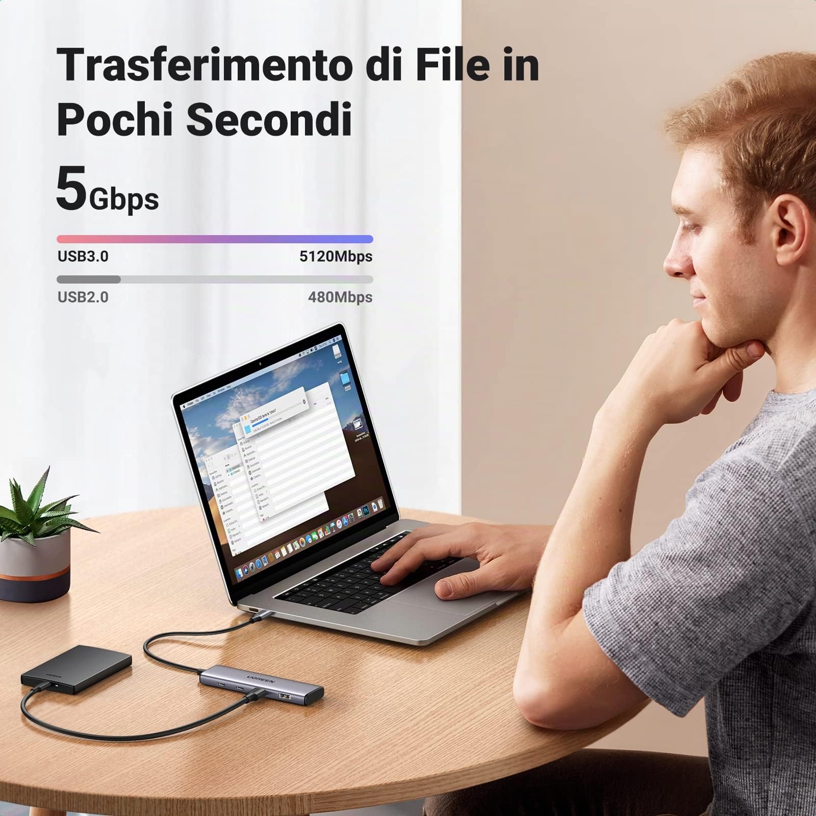 ugreen-hub-usb-c-a-4-porte-5-gbps-con-2x-usb-c-2x-usb-a-in-alluminio image 3
