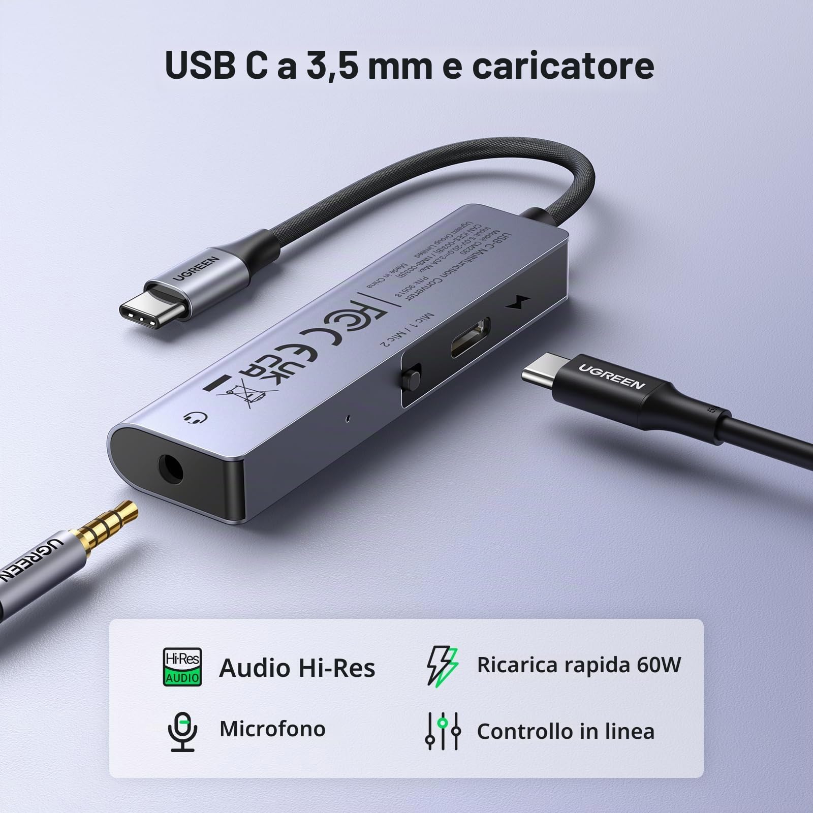 ugreen-adattatore-usb-c-a-jack-3-5mm-pd-60w-hi-res-32bit-384khz-con-dac image 2