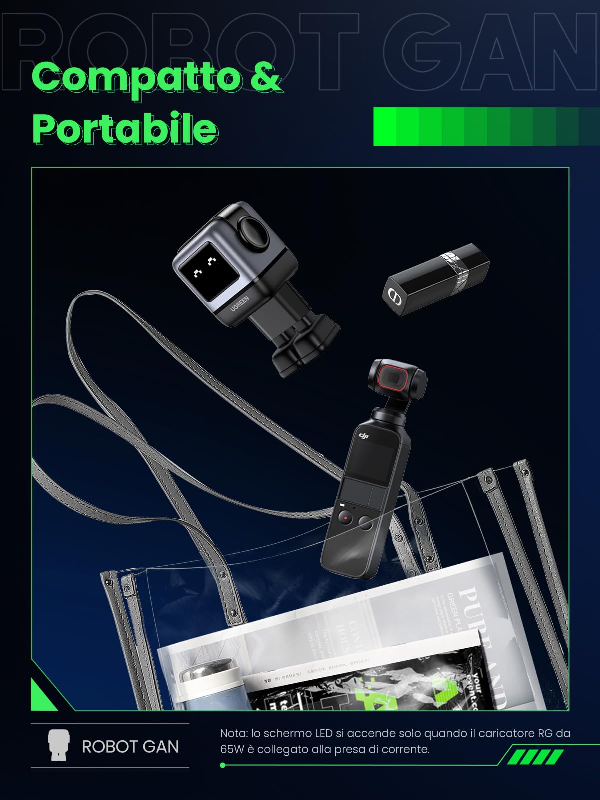 ugreen-uno-caricatore-usb-c-gan-65w-a-3-porte-robot-con-display-led-nero image 5