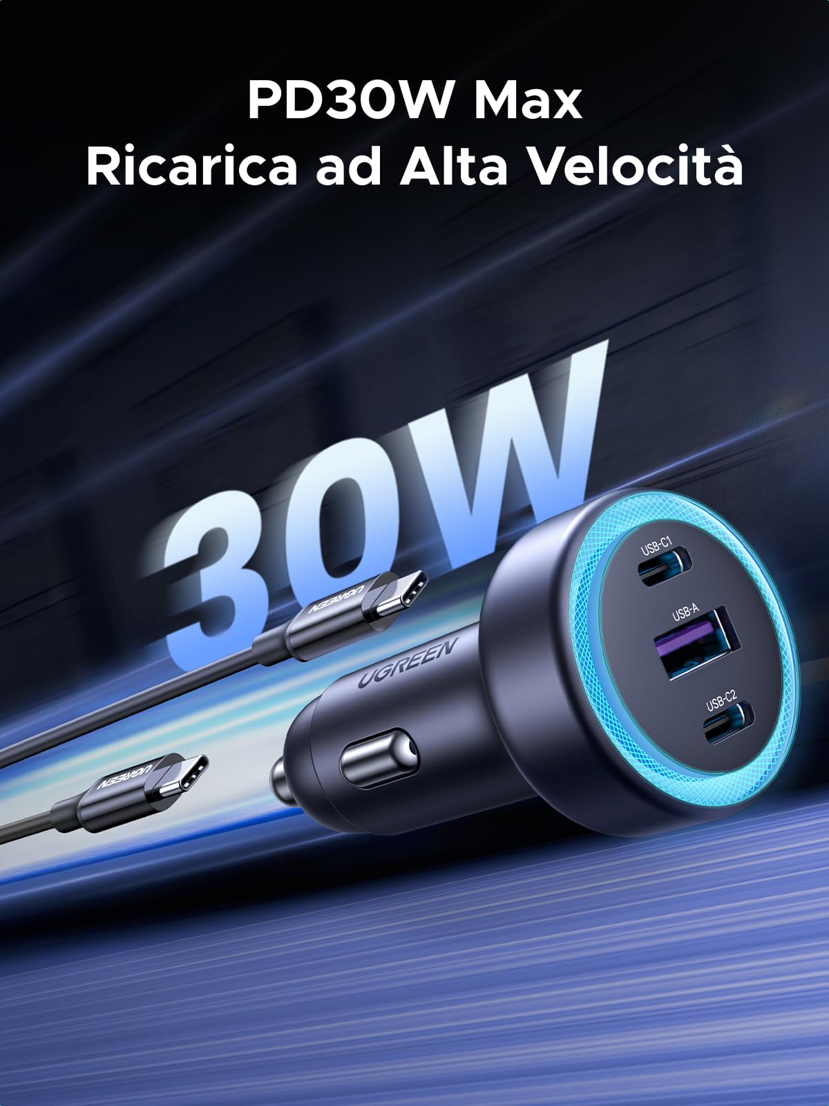 ugreen-caricatore-auto-usb-c-30w-pd-qc-3-0-a-3-porte image 2