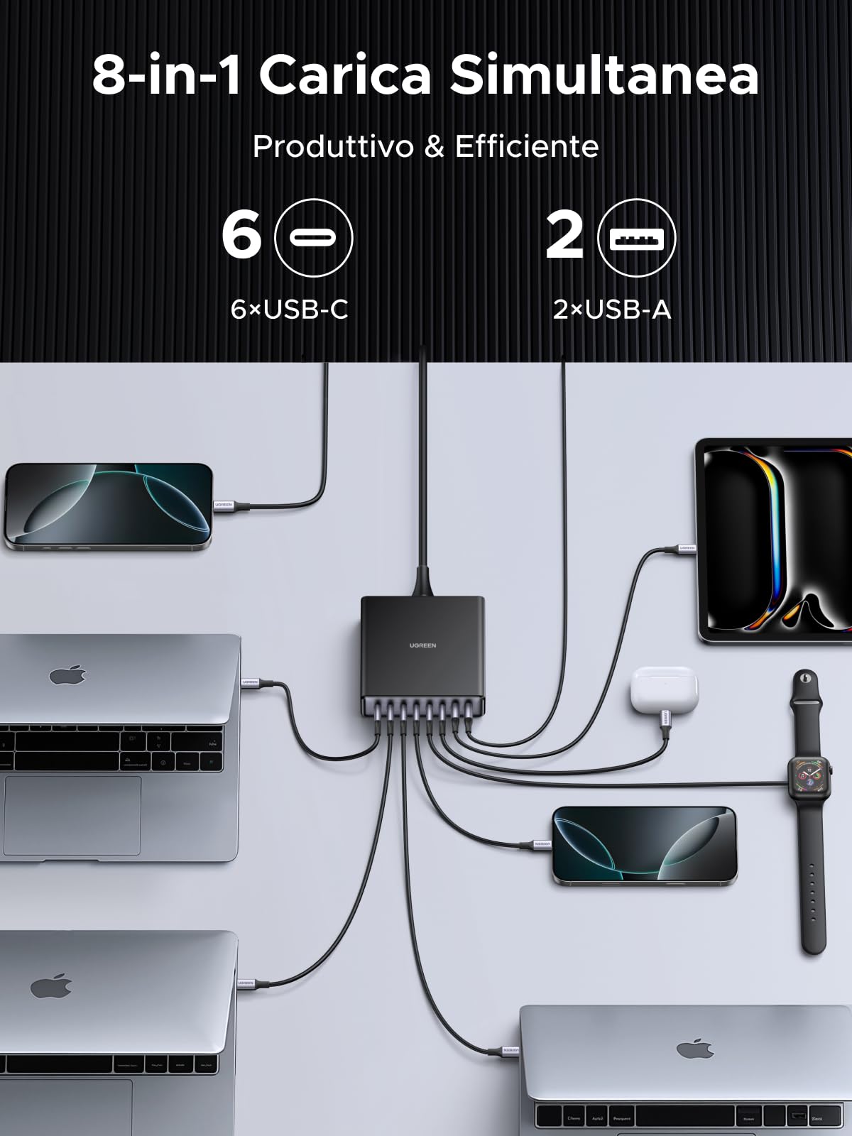 ugreen-zapix-200w-caricatore-usb-c-multiplo-8-porte-gan-100w-pd-3-1-con-base image 4