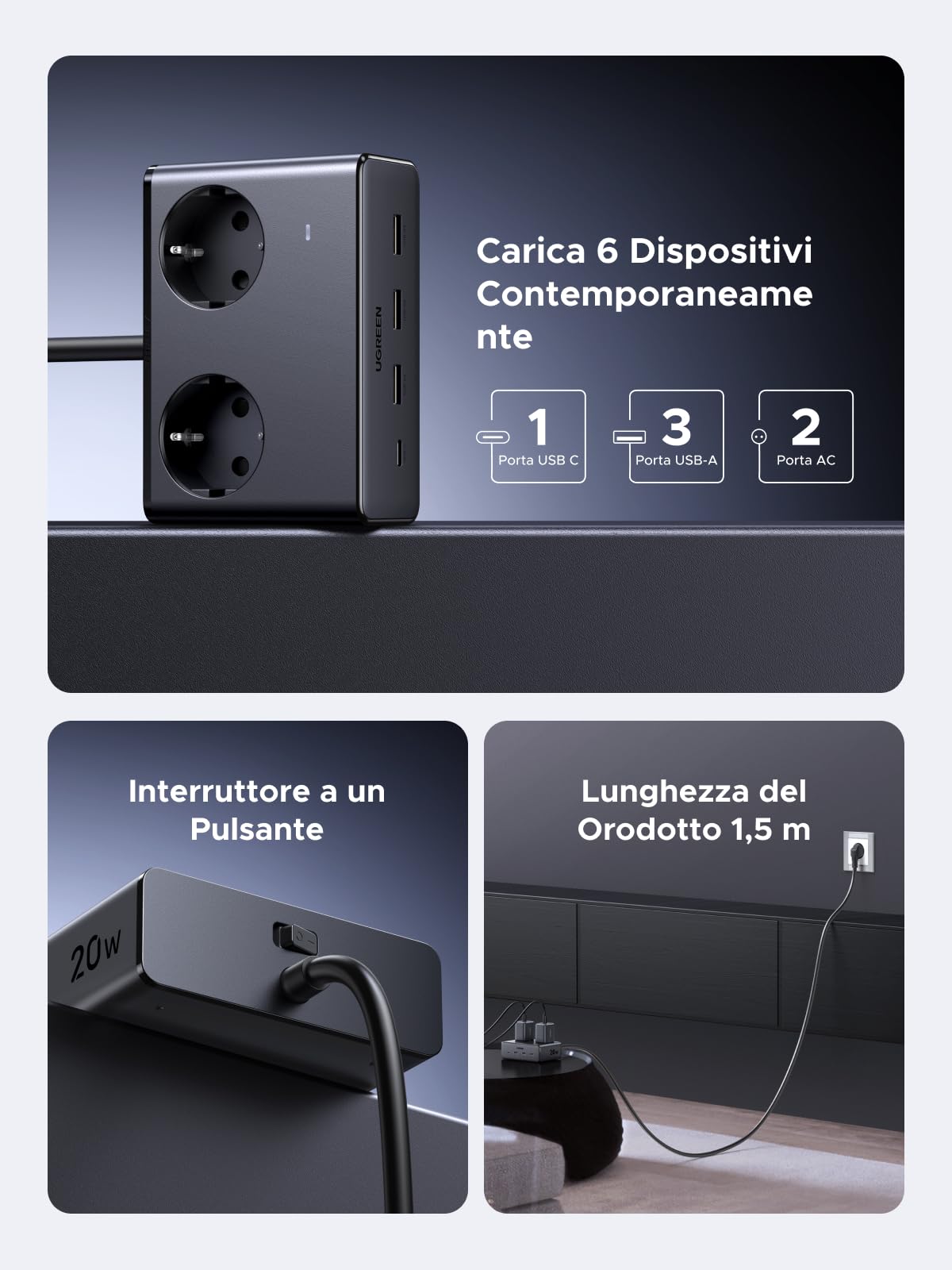 ugreen-6-in-1-ciabatta-multipresa-3680w-2-ac-4-usb-pd-20w-1-5m-nera image 2