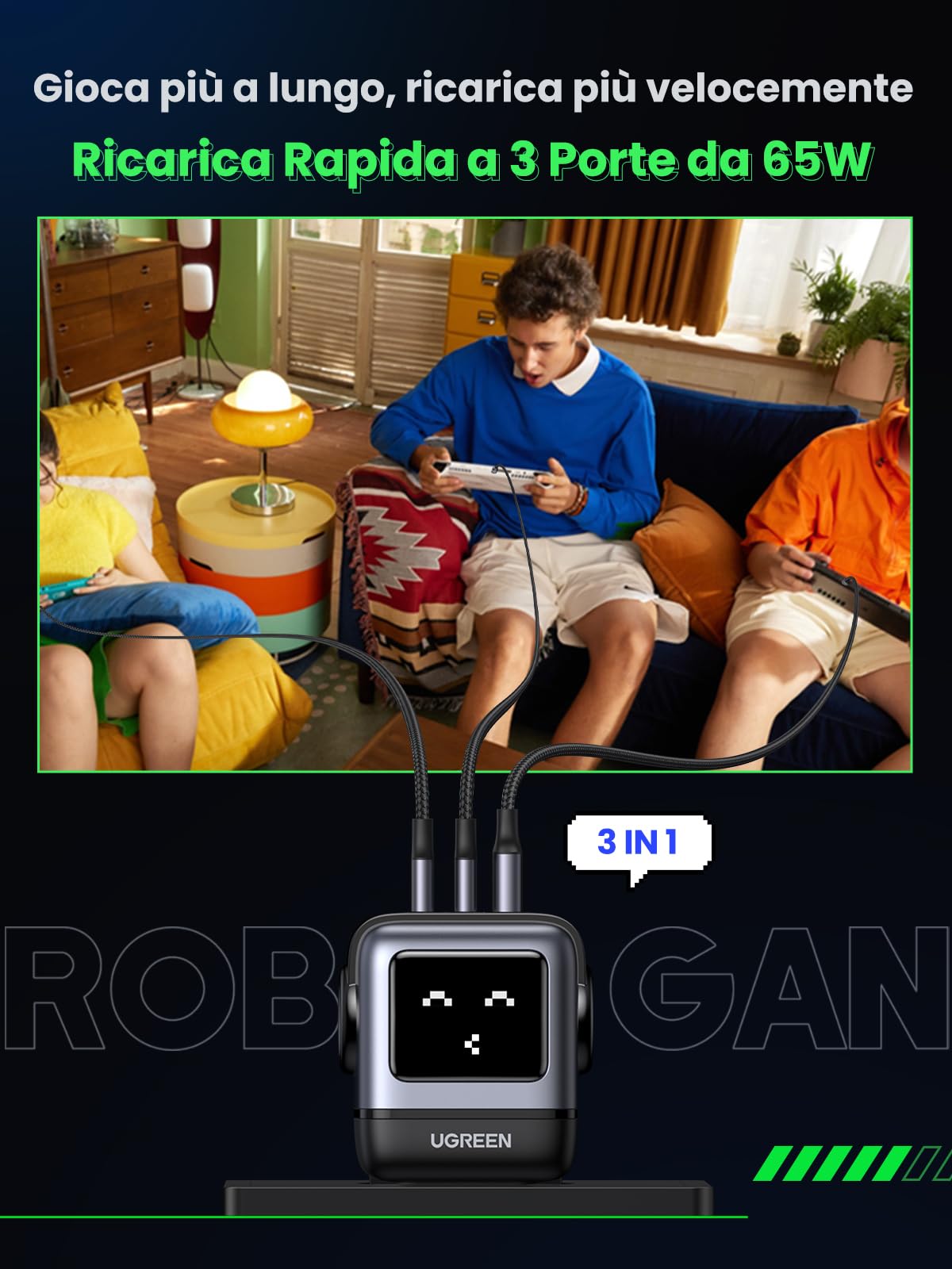 ugreen-uno-caricatore-usb-c-gan-65w-a-3-porte-robot-con-display-led-nero image 3