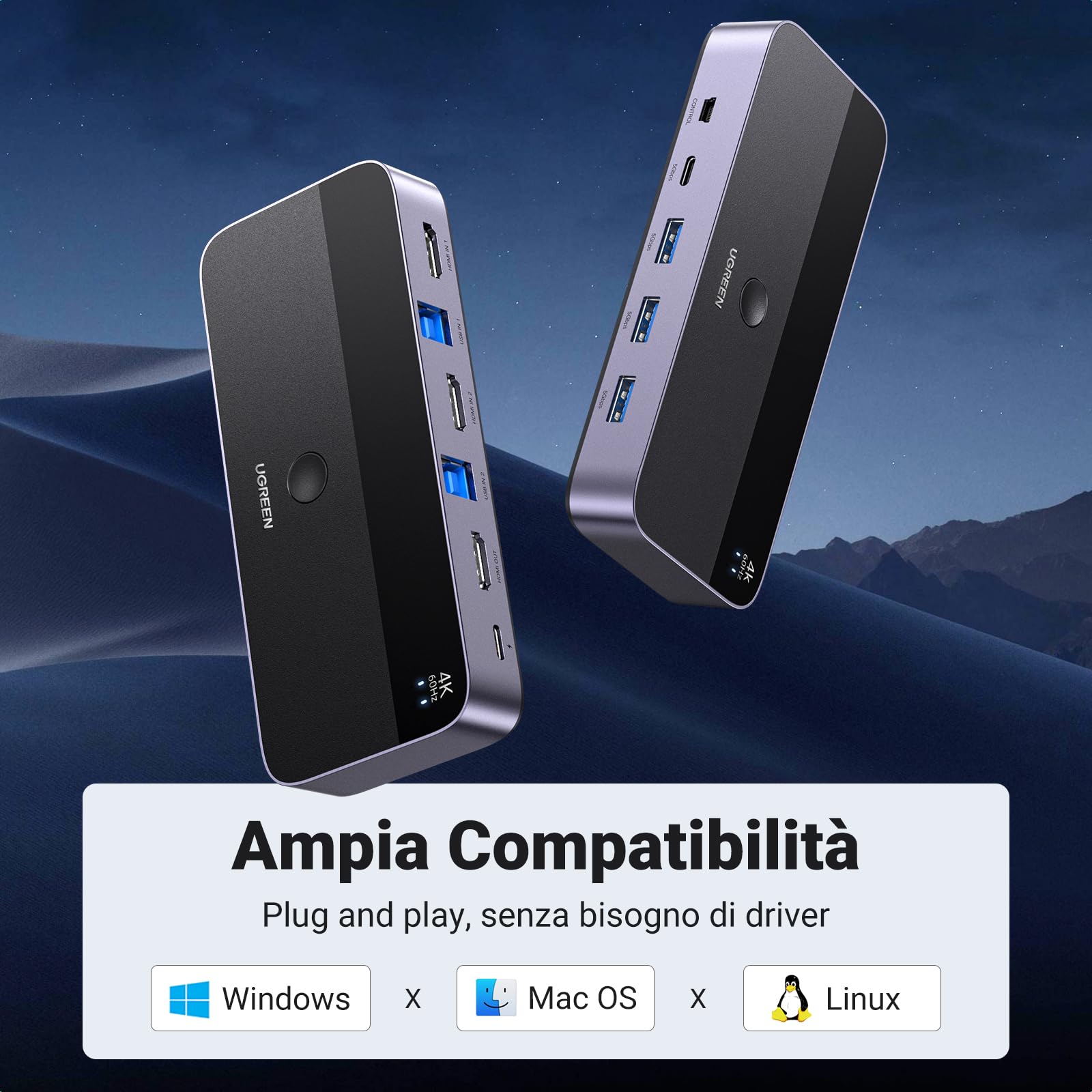 ugreen-switch-kvm-hdmi-4k-60hz-2-ingressi-1-uscita-con-hub-usb-3-0-5gbps image 8