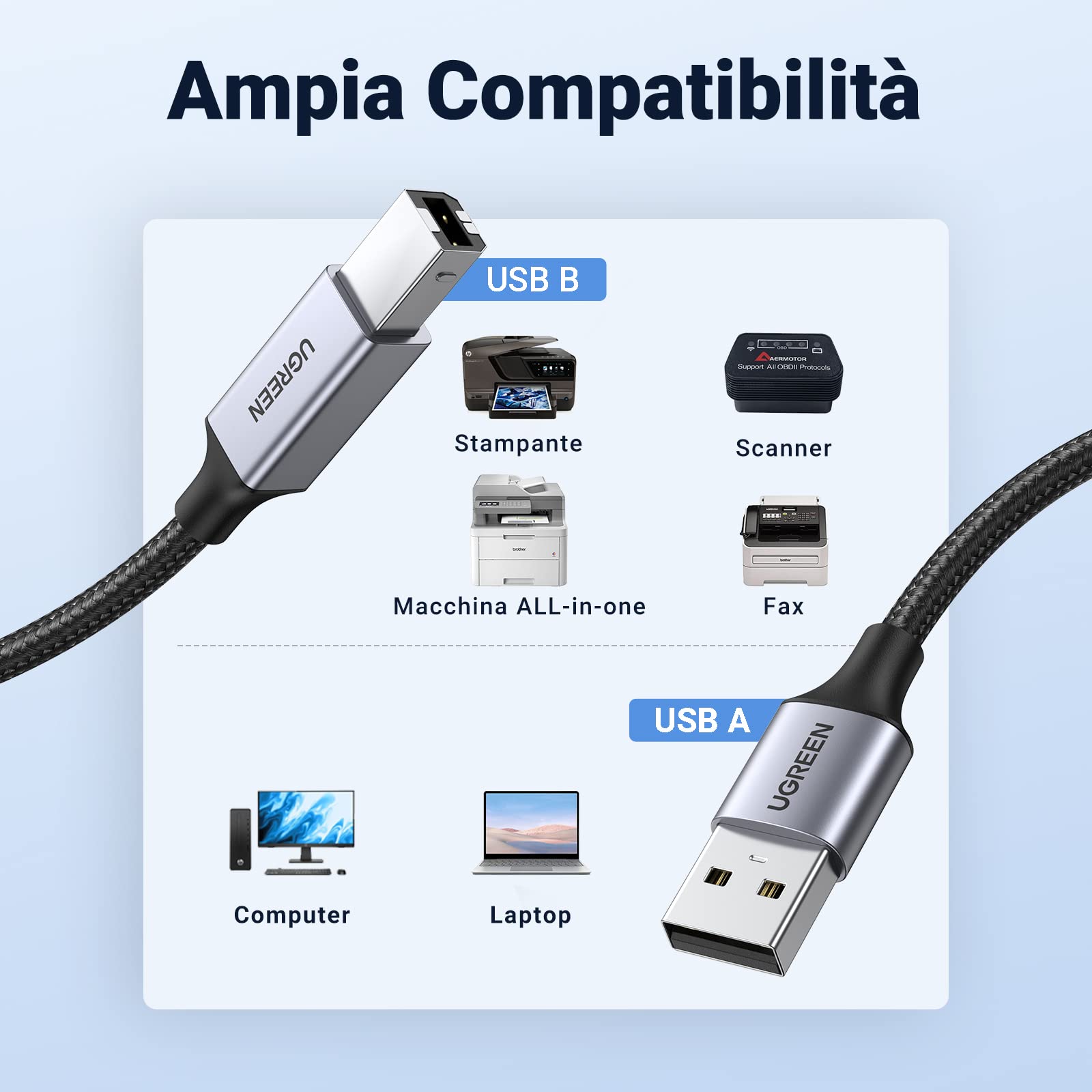 ugreen-cavo-stampante-usb-2-0-tipo-a-a-tipo-b-2m-nylon-per-hp-canon-epson-brothe image 2
