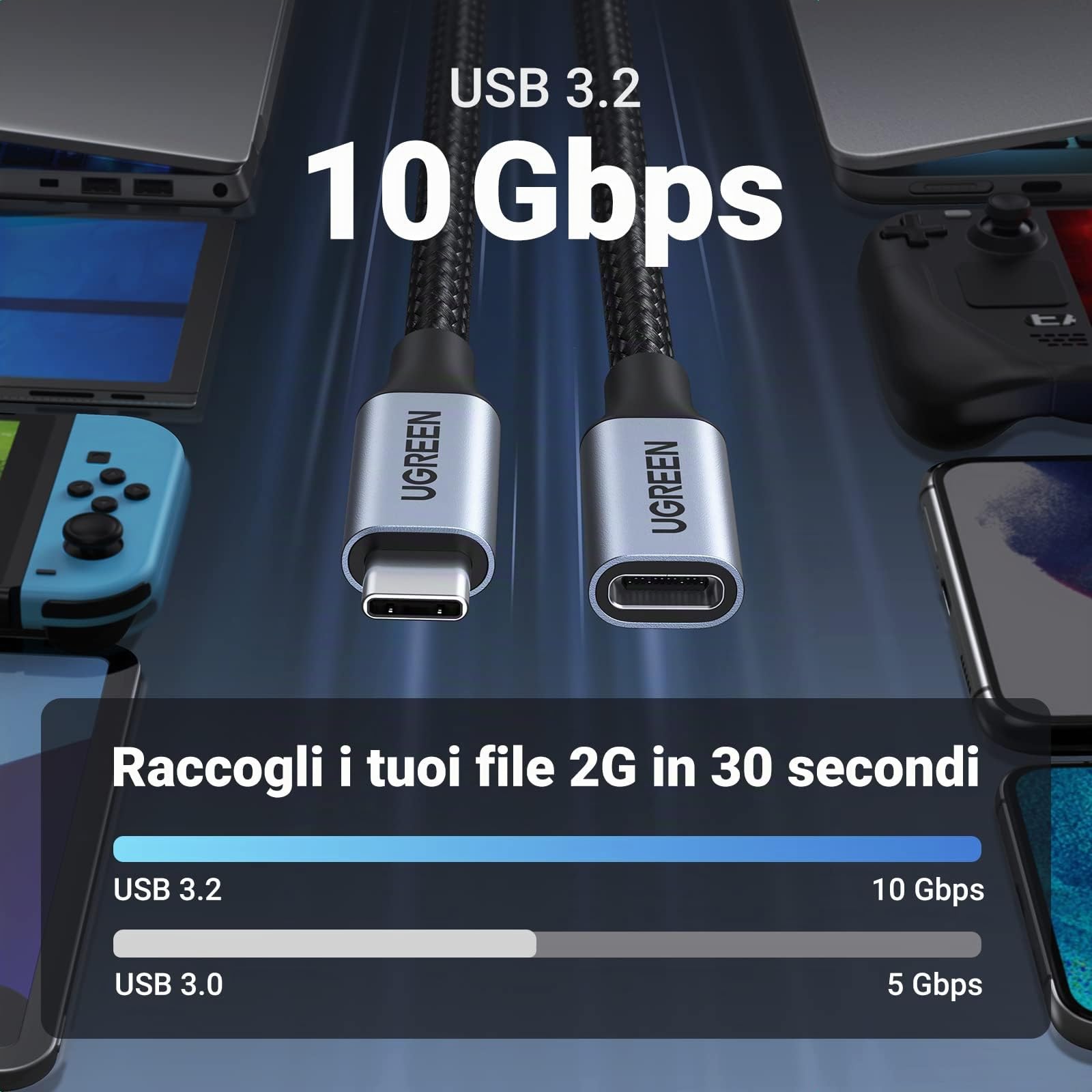 ugreen-nexode-cavo-prolunga-usb-c-a-usb-c-4k-60hz-10gbps-100w-0-5m-grigio image 2