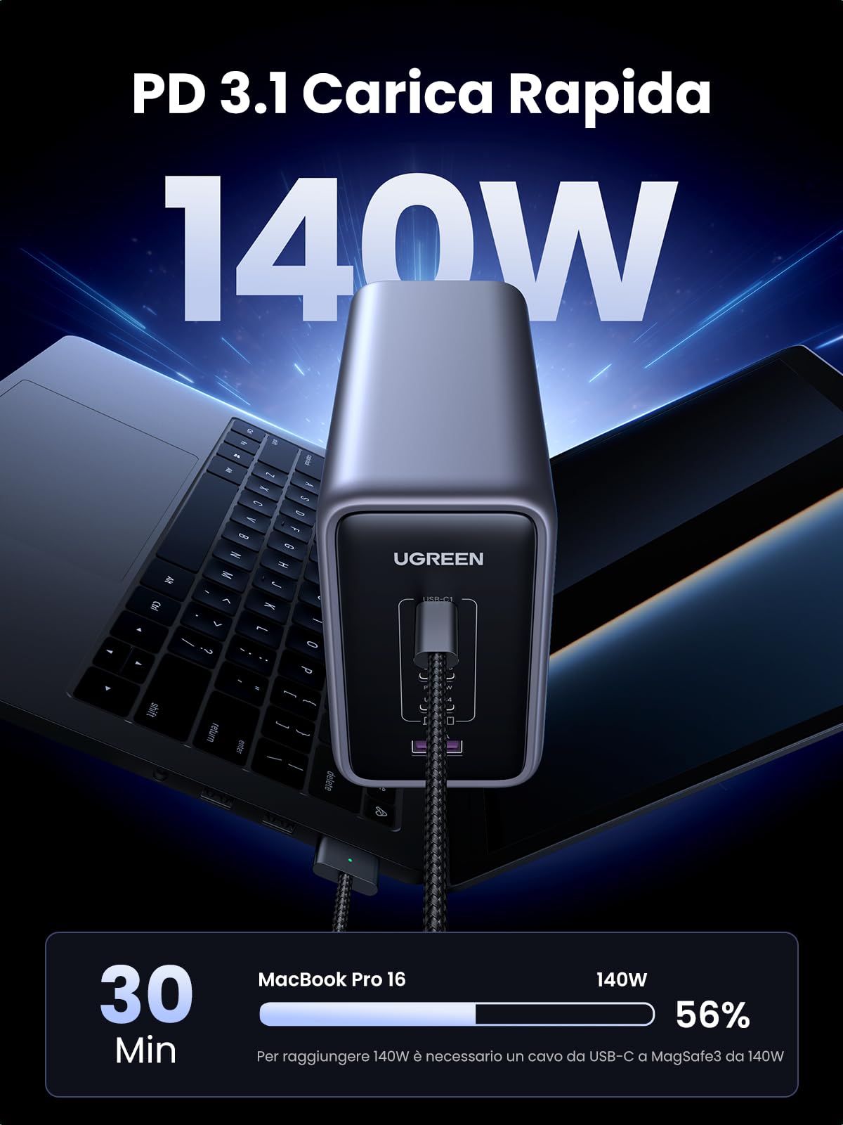 ugreen-nexode-300w-caricatore-gan-usb-c-5-porte-pd-3-1-con-cavo-240w-1-5m image 3