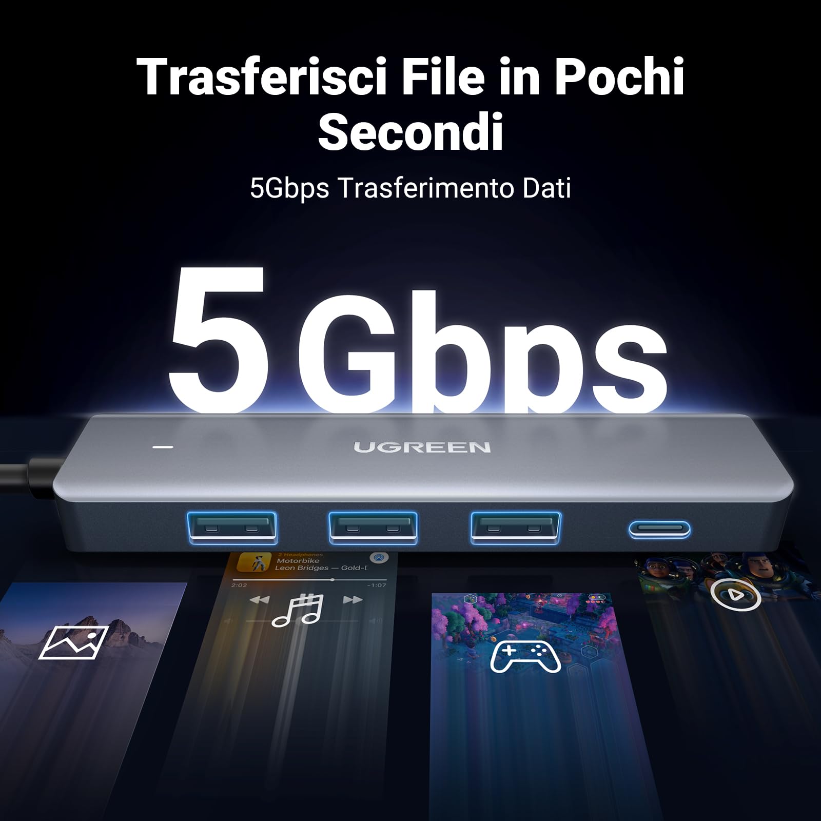 ugreen-hub-usb-3-0-4-porte-5gbps-con-cavo-60cm-per-pc-mac-ps5-dischi-rigidi-e-pe image 2