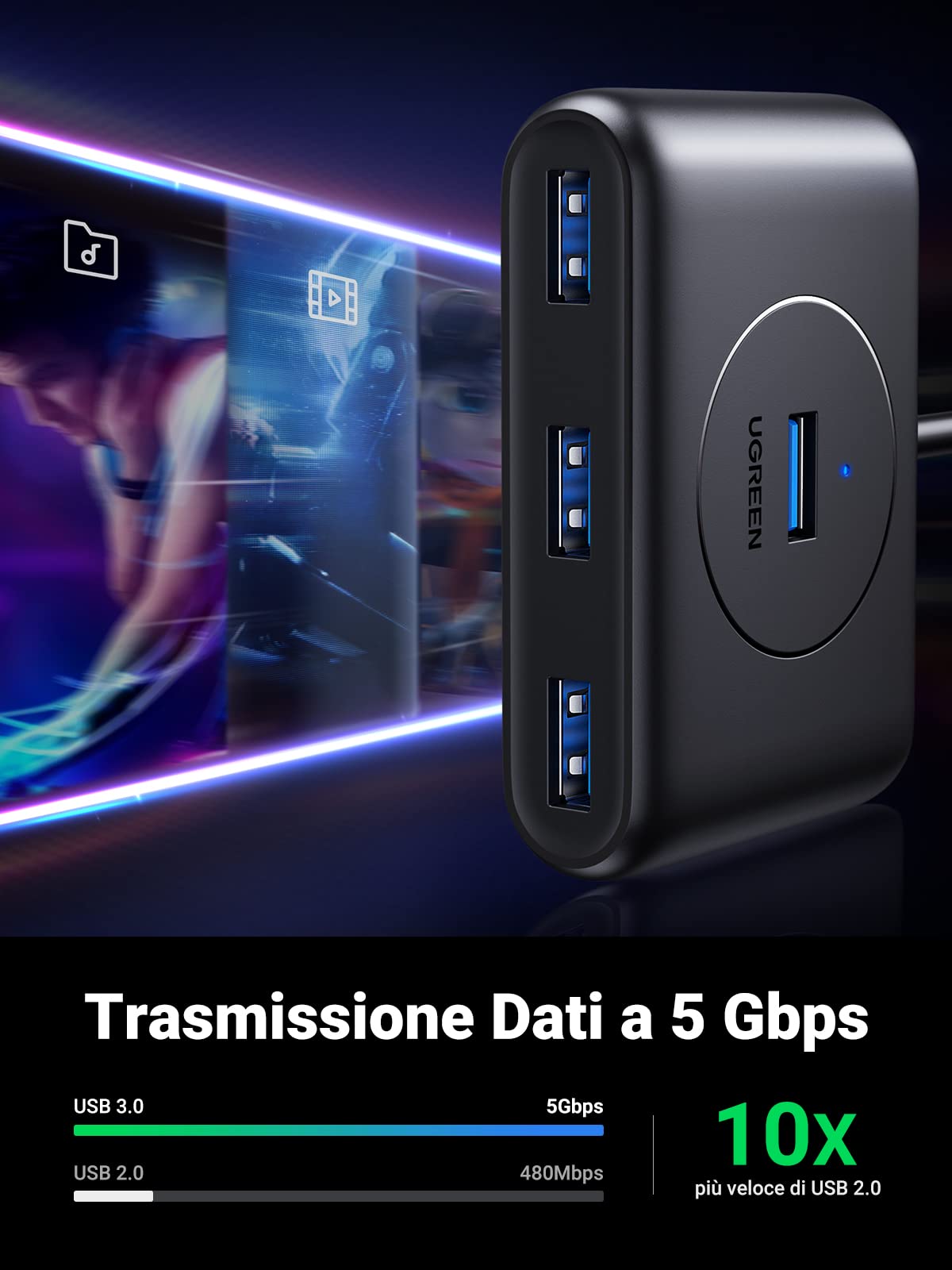 ugreen-hub-usb-3-0-4-porte-5gbps-con-cavo-100cm-led-nero image 2