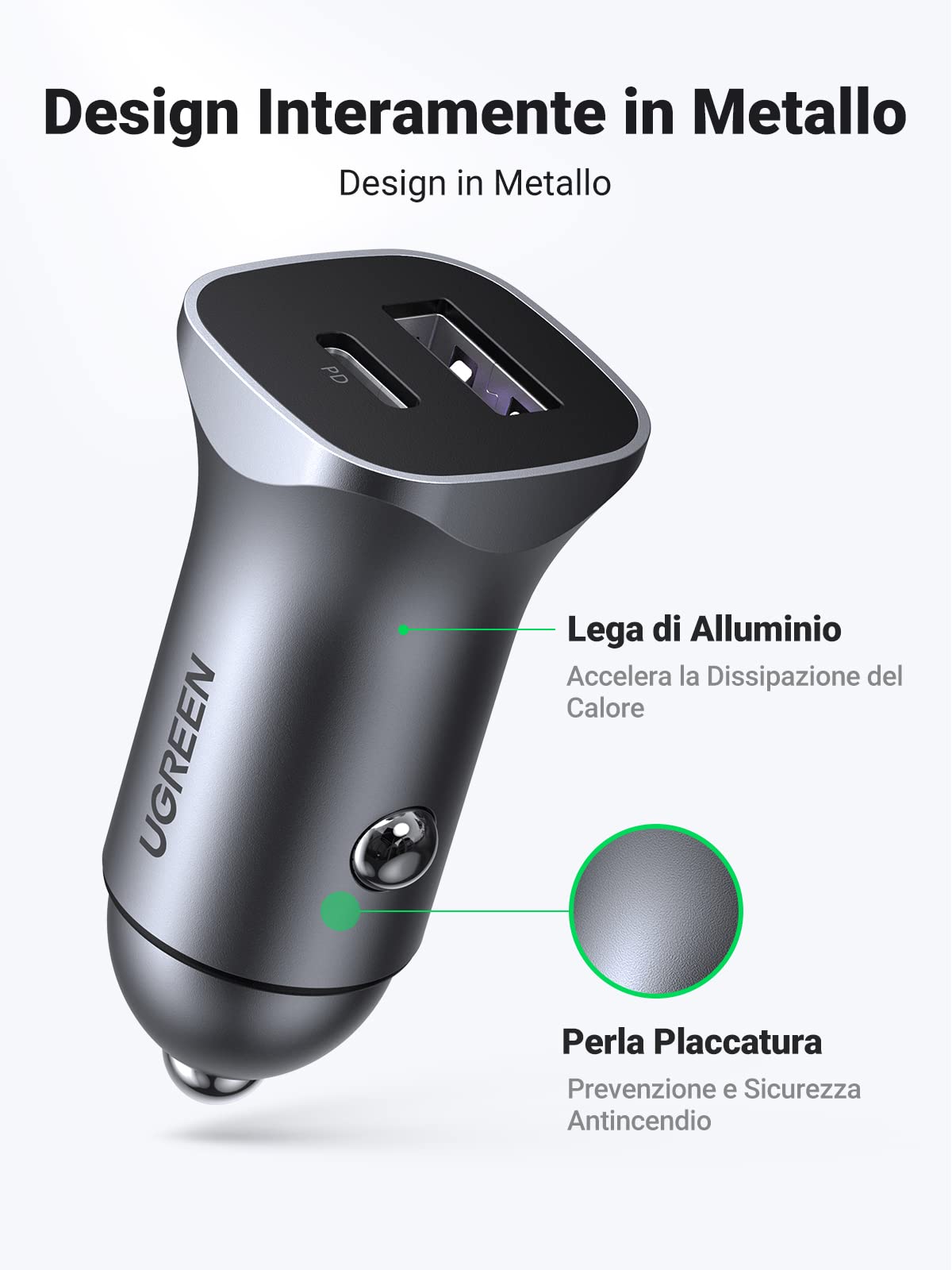 ugreen-caricatore-auto-usb-30w-2-porte-qc-3-0-con-cavo-usb-a-a-usb-c-1m image 5