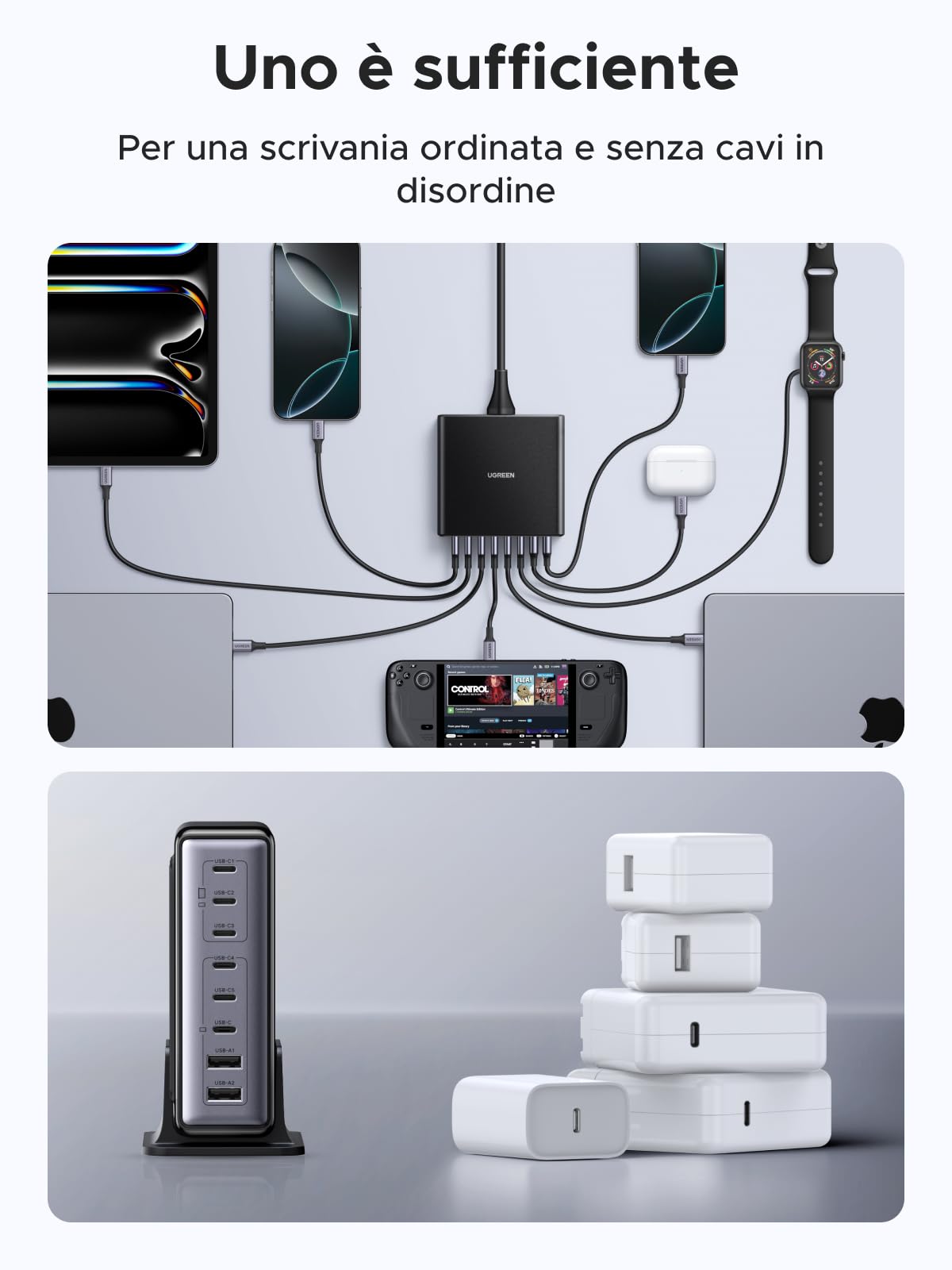 ugreen-zapix-200w-caricatore-usb-c-multiplo-8-porte-gan-100w-pd-3-1-con-base image 6