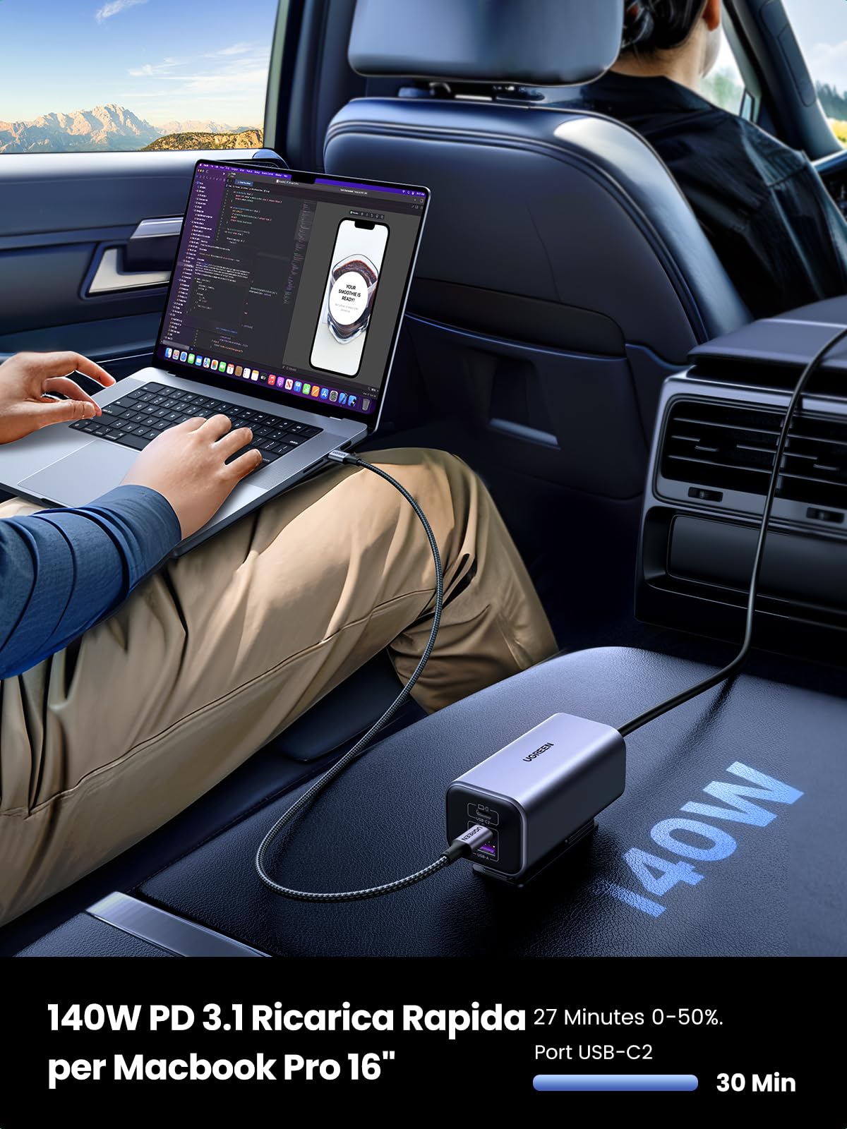 ugreen-150w-caricatore-auto-usb-c-gan-4-porte-pd-3-1-con-cavo-1m image 5