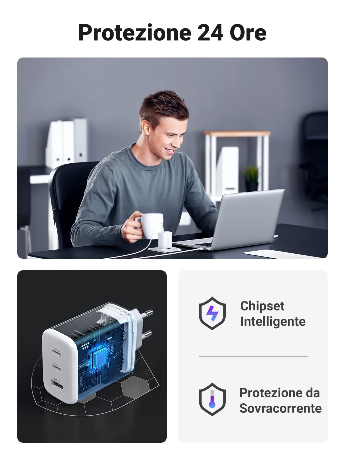 ugreen-zapix-caricatore-usb-c-gan-65w-3-porte-bianco image 8