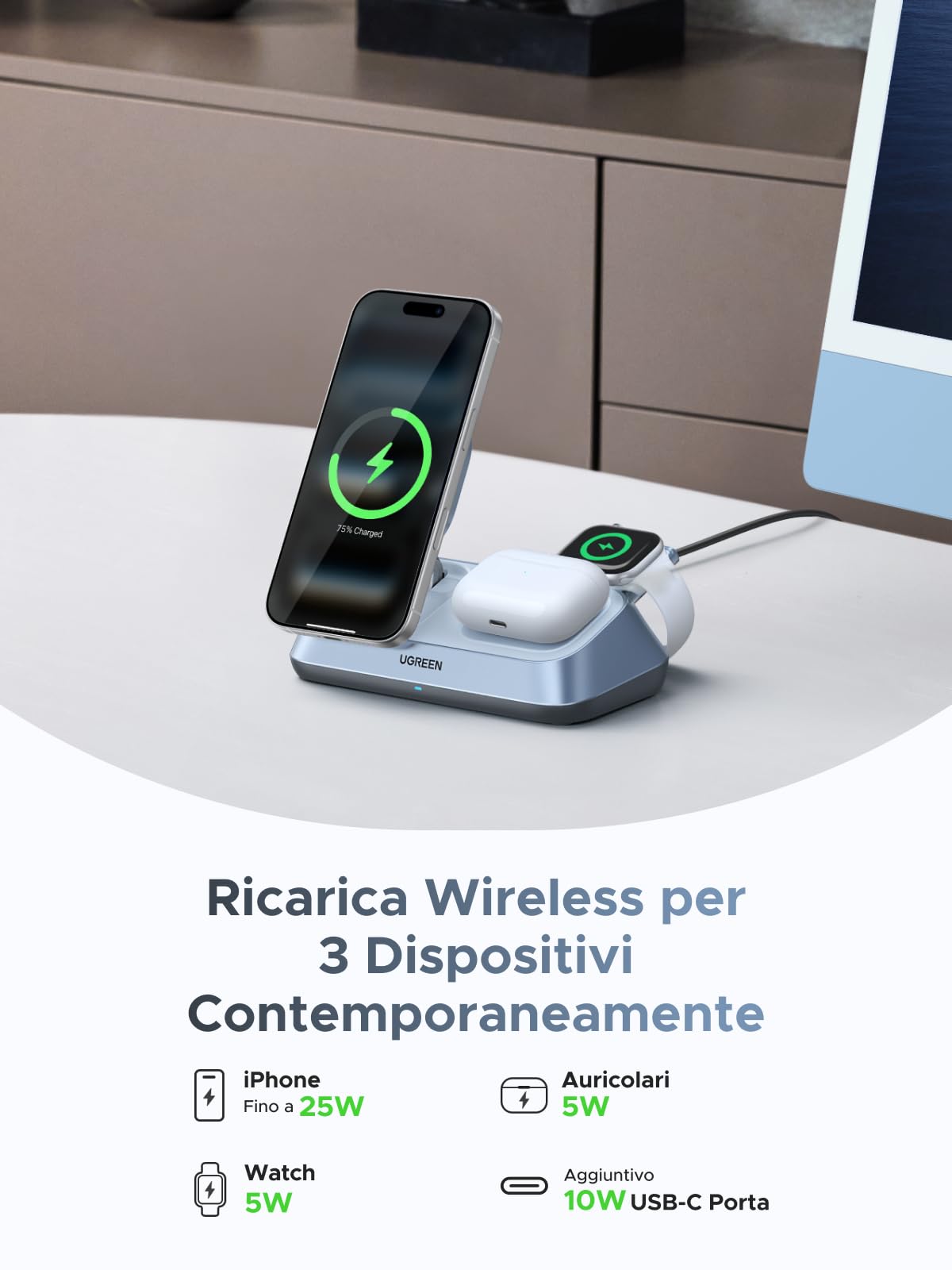 ugreen-magflow-qi2-25w-caricatore-wireless-3-in-1-magsafe-per-iphone-airpods-iwa image 3