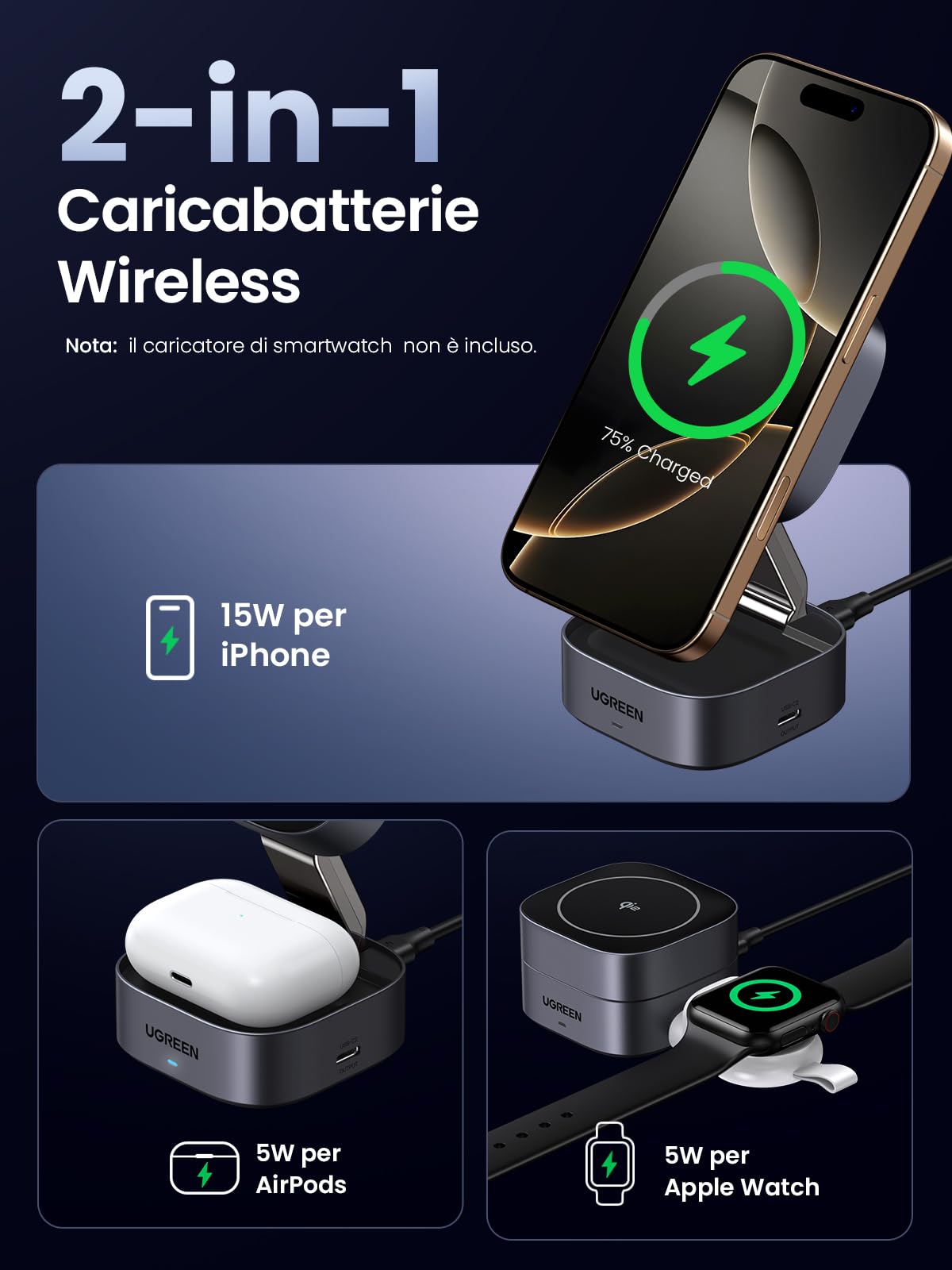 ugreen-magflow-caricatore-wireless-magnetico-2in1-qi2-15w-pieghevole image 3