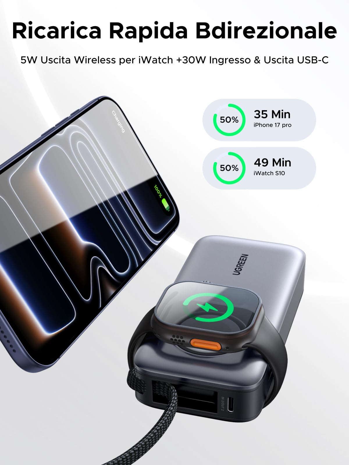 ugreen-nexode-power-bank-10000mah-30w-con-cavo-usb-c-e-ricarica-iwatch image 2