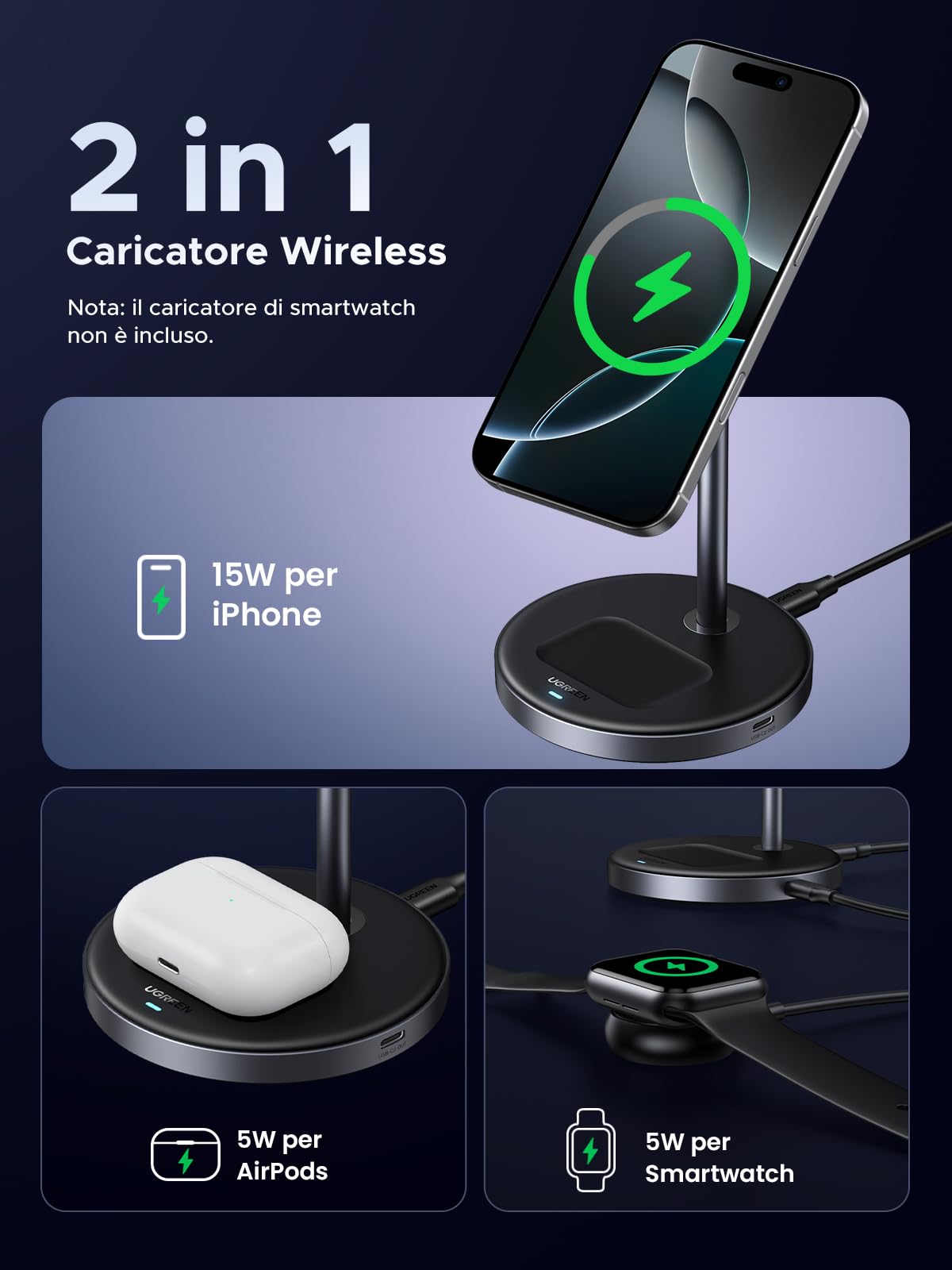 ugreen-magflow-qi2-15w-supporto-caricatore-wireless-magnetico-2-in-1-per-iphone- image 3