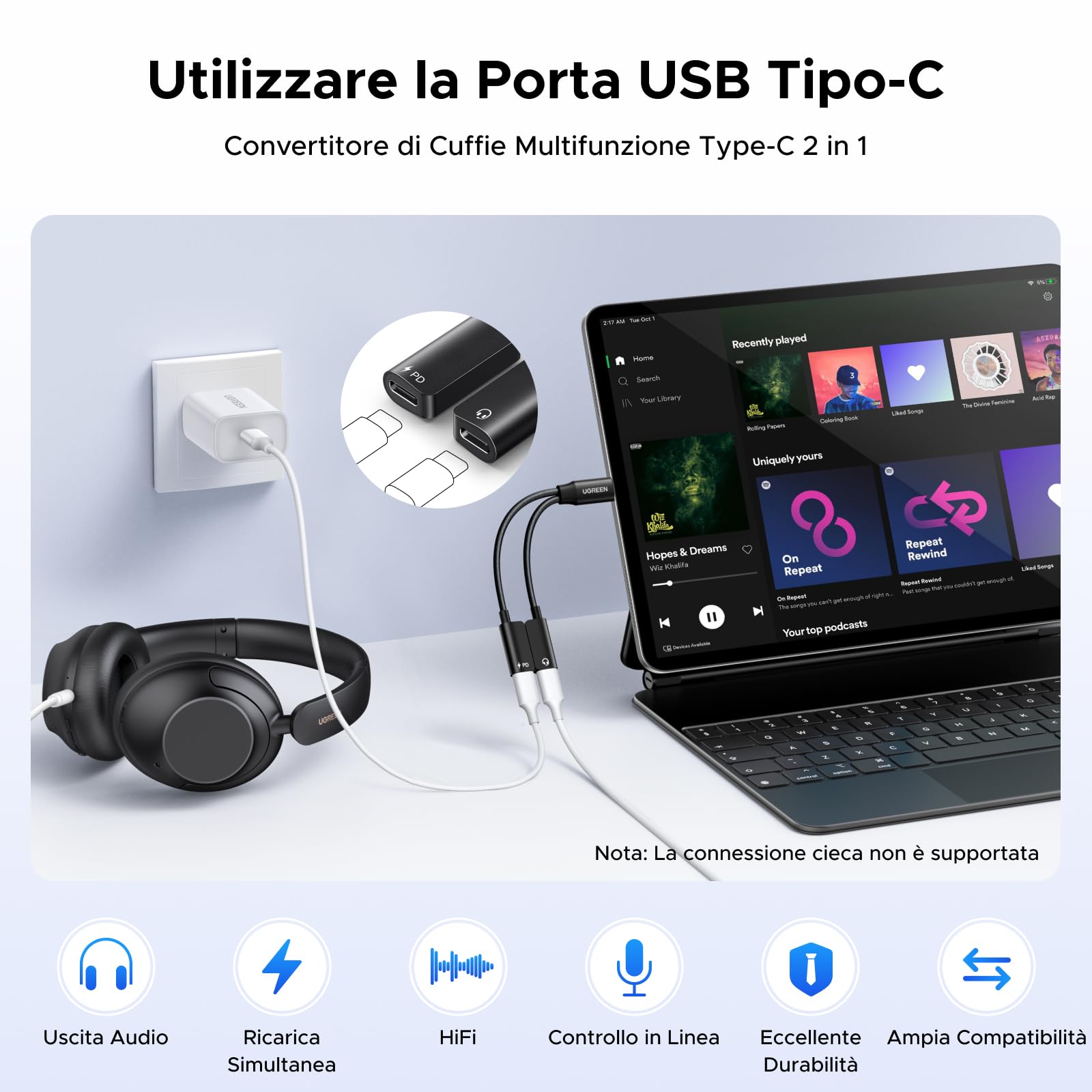 ugreen-adattatore-usb-c-a-usb-c-2-in-1-pd-60w-audio-hi-res-96khz-24bit-magnetico image 2