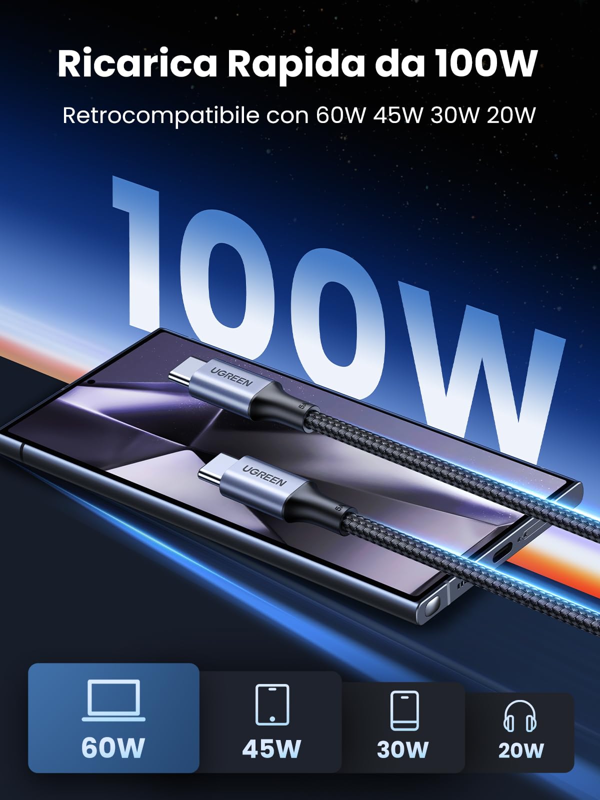 ugreen-cavo-usb-c-a-usb-c-100w-5a-pd-2m-nylon-ricarica-rapida-2-pack image 2
