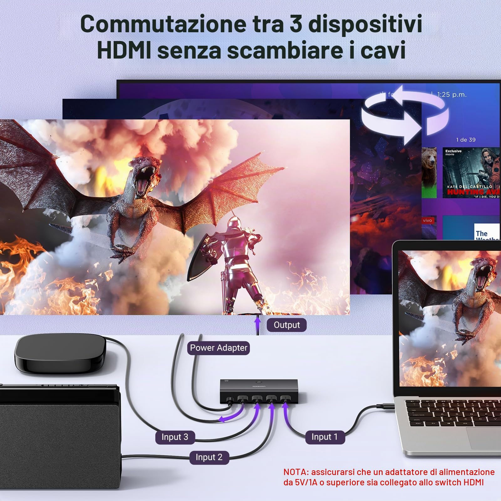 ugreen-switch-hdmi-4k-60hz-3-ingressi-1-uscita-con-telecomando-ir image 2