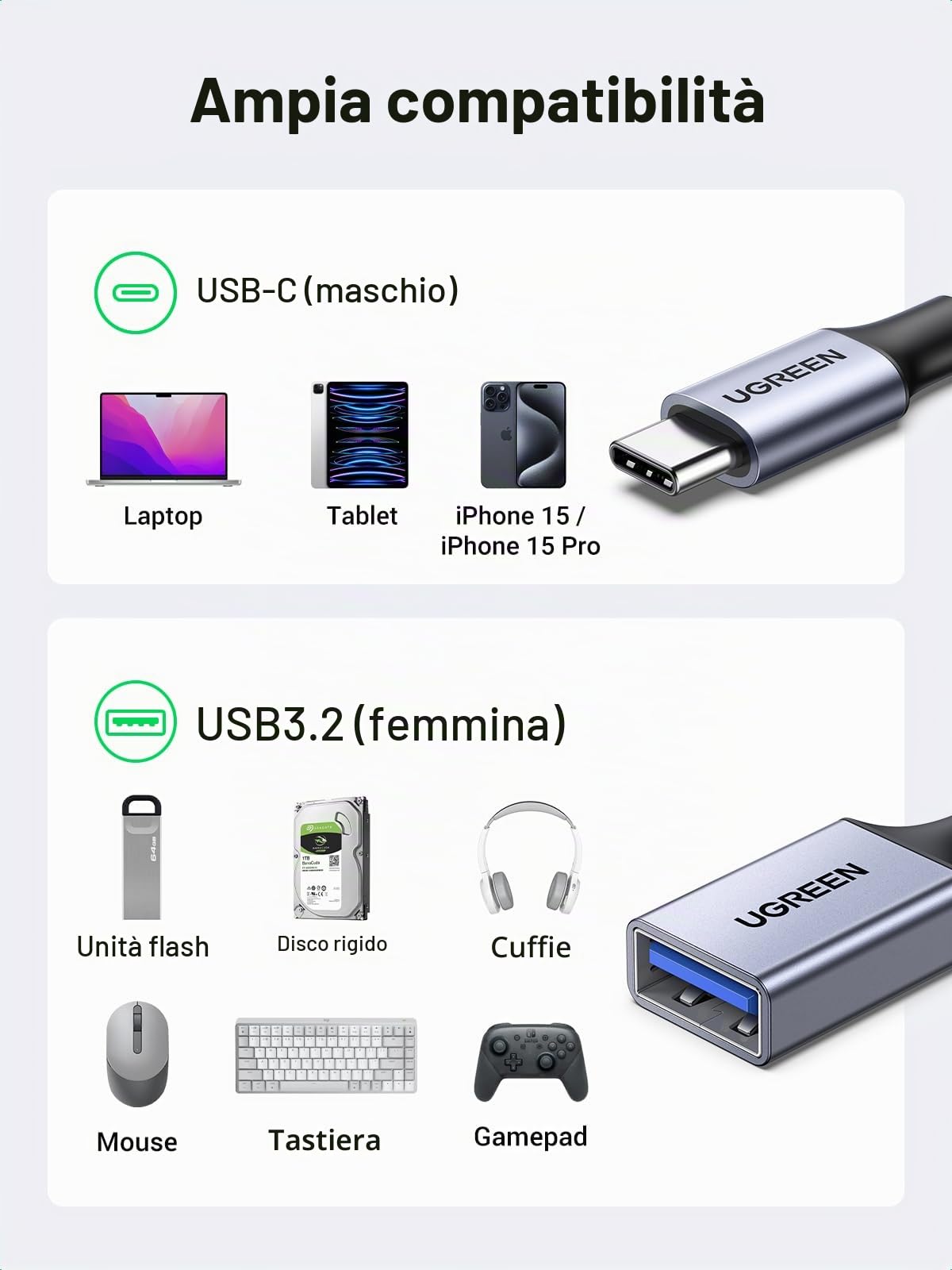 ugreen-adattatore-otg-usb-c-a-usb-3-0-femmina-cavo-5gbps-nylon-grigio image 2