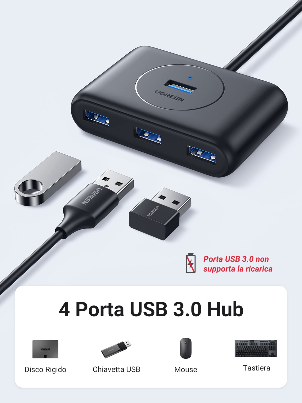 ugreen-hub-usb-3-0-4-porte-5gbps-con-cavo-100cm-led-nero image 3